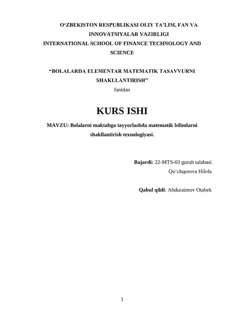 Bolalarda Elementar Matematik Tasavvurni Shakllantirish
