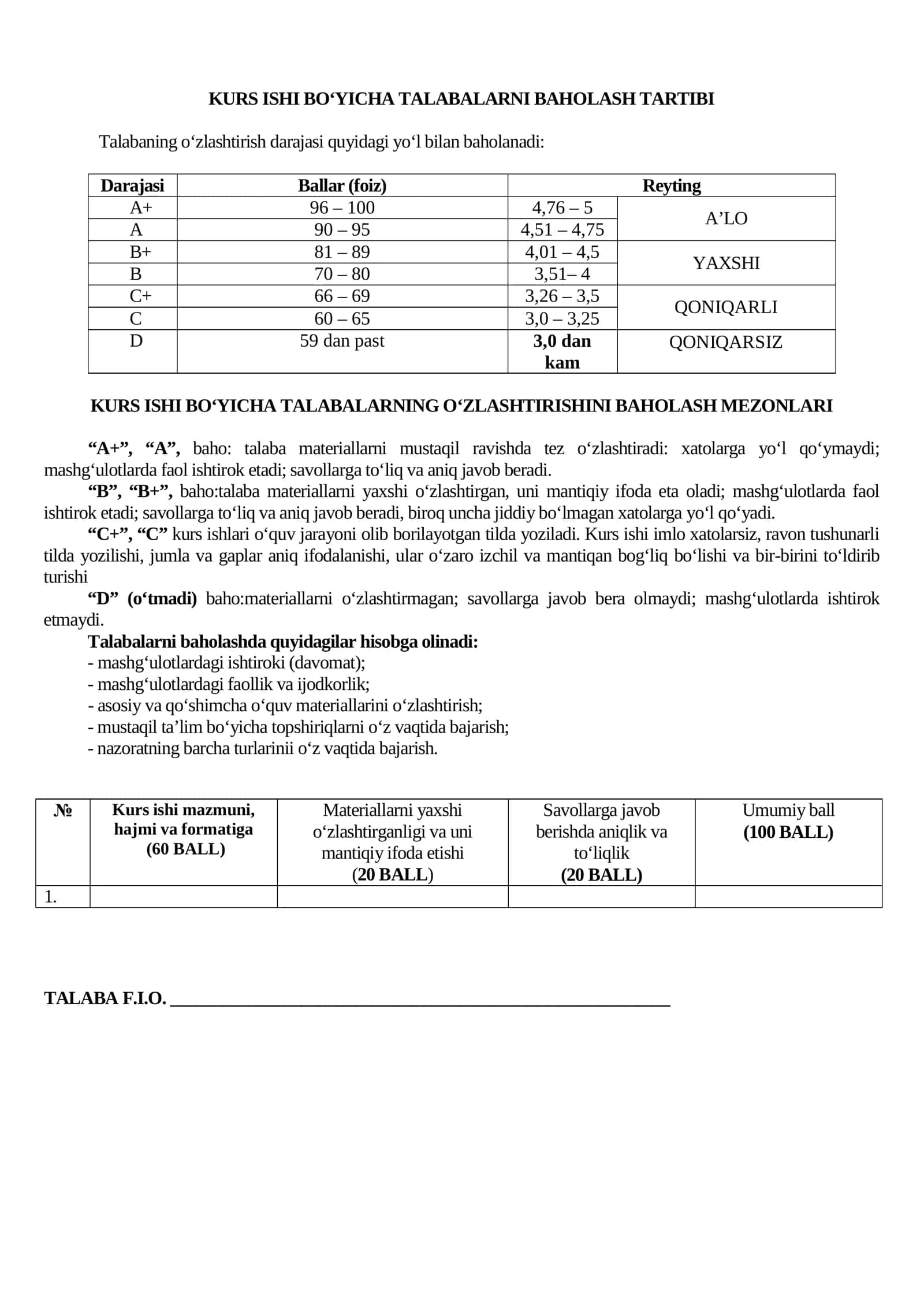 KURS ISHI BO‘YICHA TALABALARNI BAHOLASH TARTIBI 1