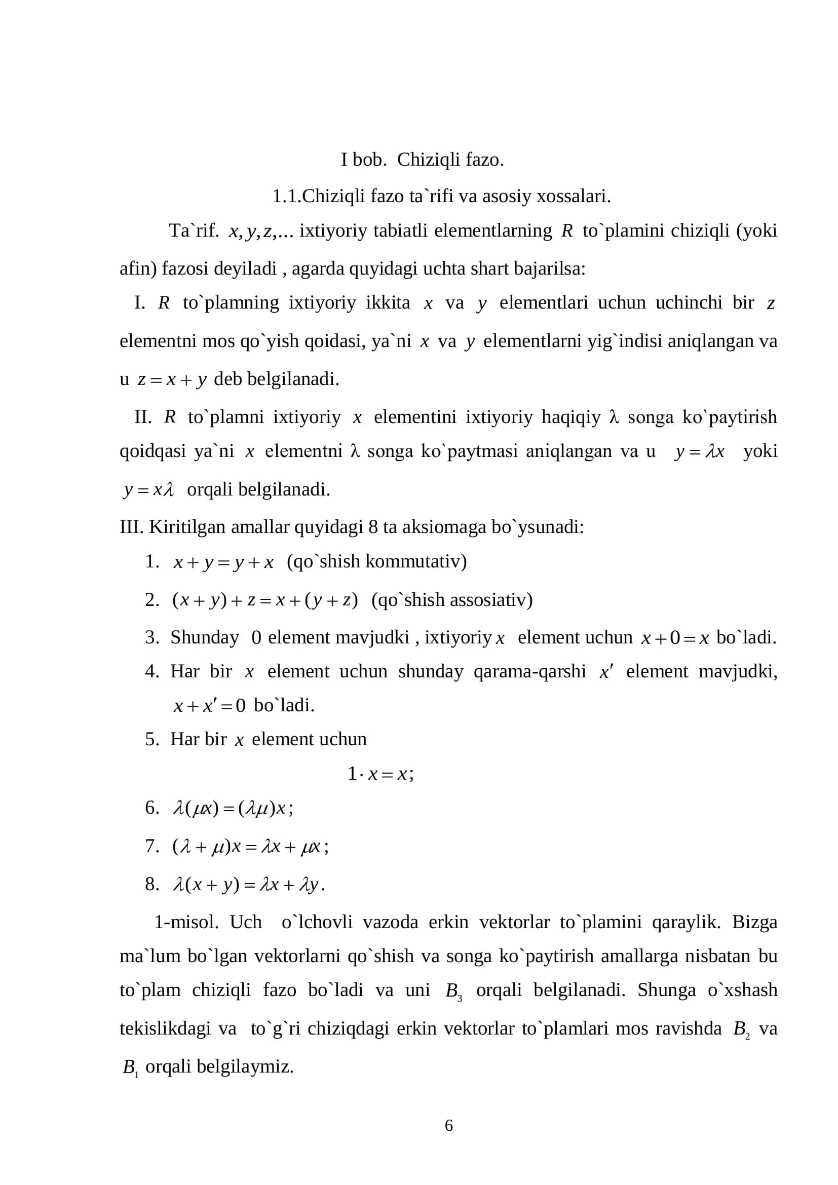 Chiziqli fazo ta`rifi va asosiy xossalari. 1