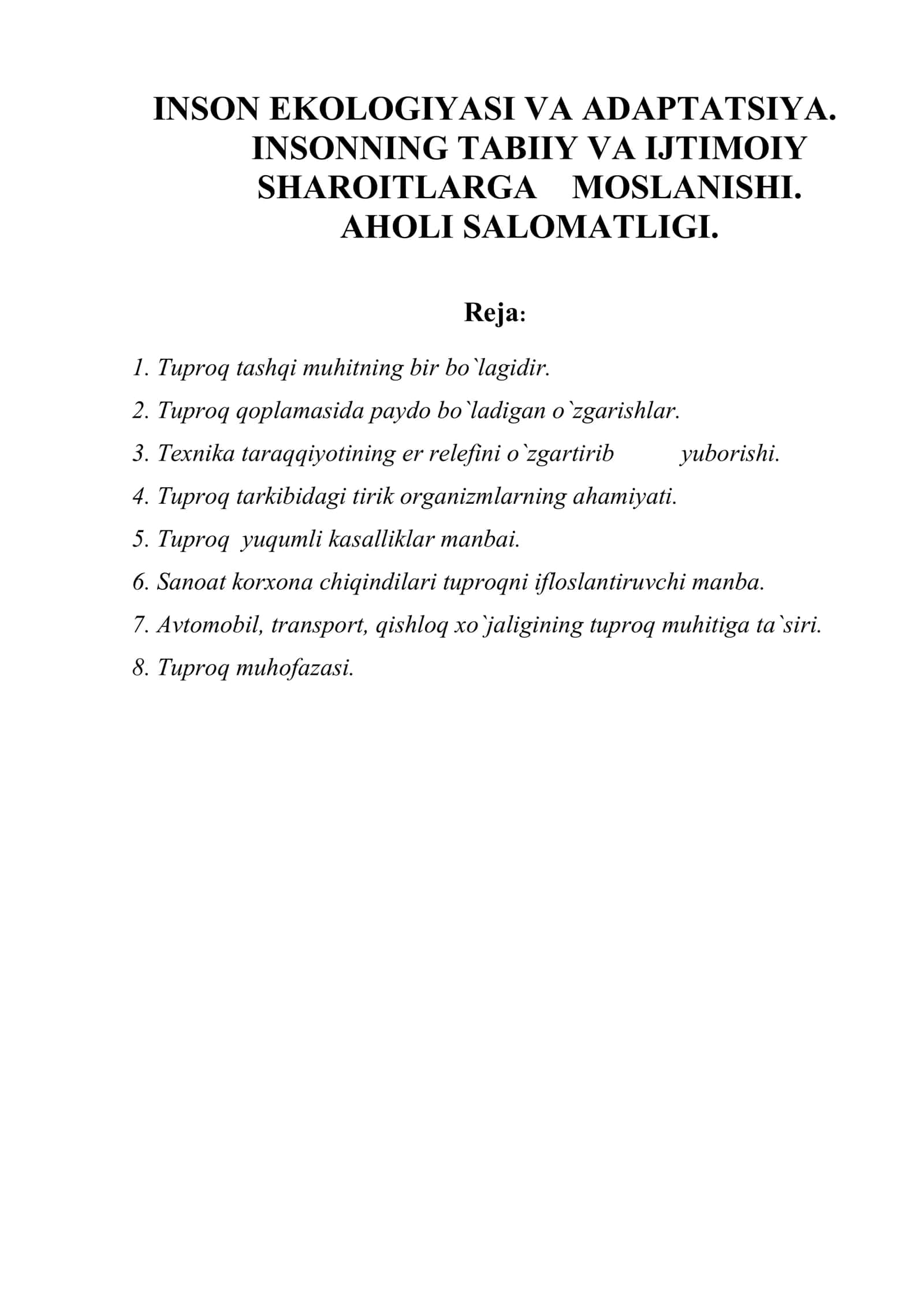 INSON EKOLOGIYASI VA ADAPTATSIYA 1