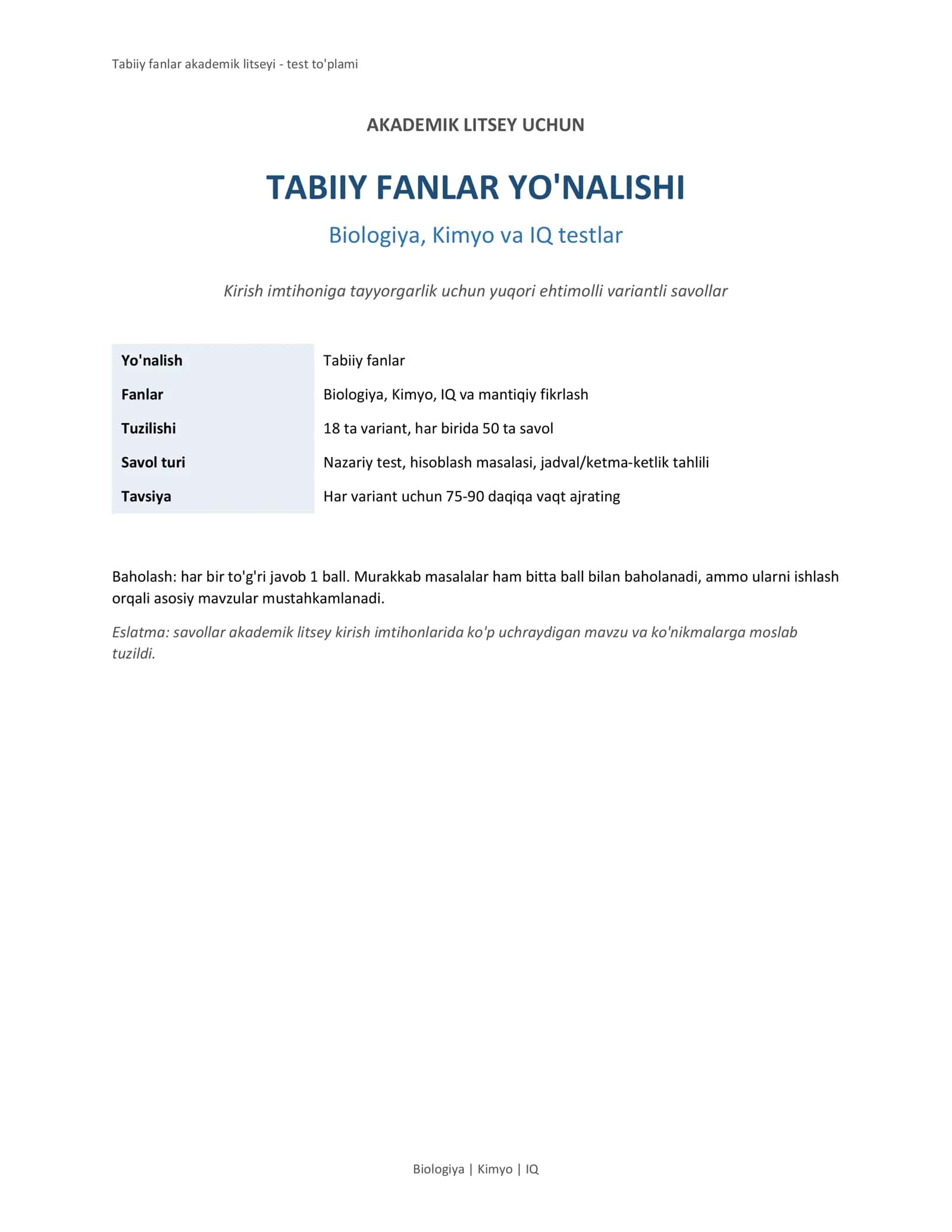 Tabiiy fanlar akademik litseyi - test to'plami 1