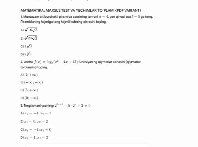 "BMBA/DTM Standartidagi Matematika Testi" 1