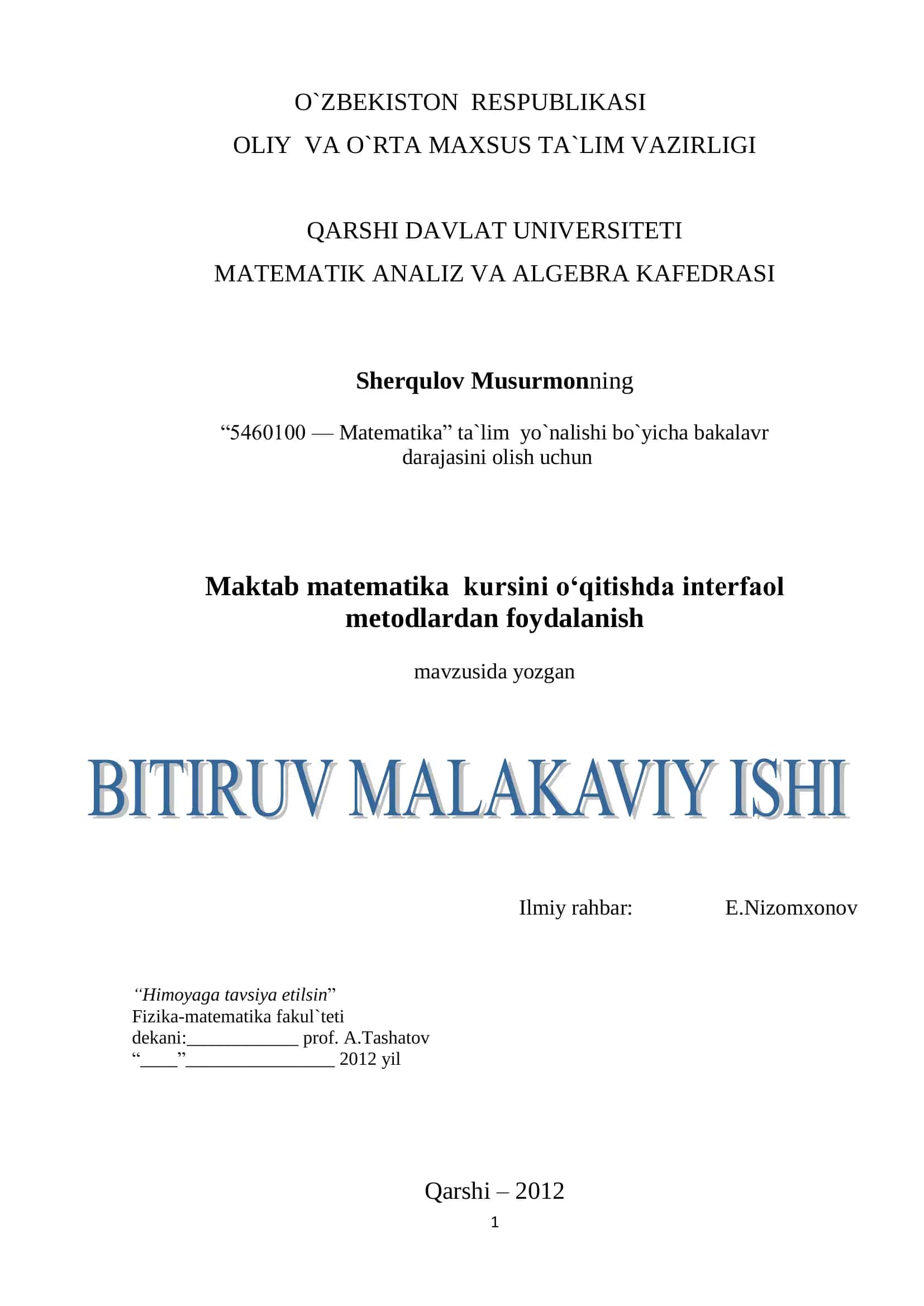 Maktab matematika kursini o‘qitishda interfaol metodlardan foydalanish 1