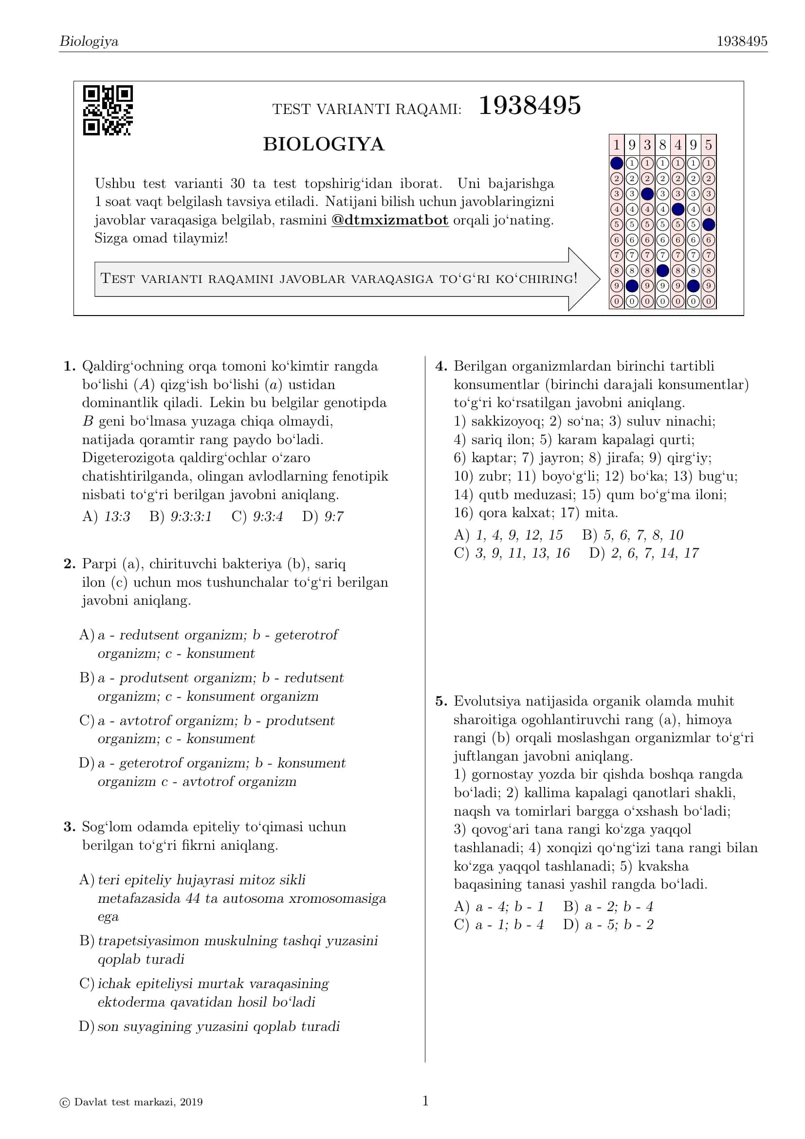BIOLOGIYA TEST VARIANTI RAQAMI: 1938495 1