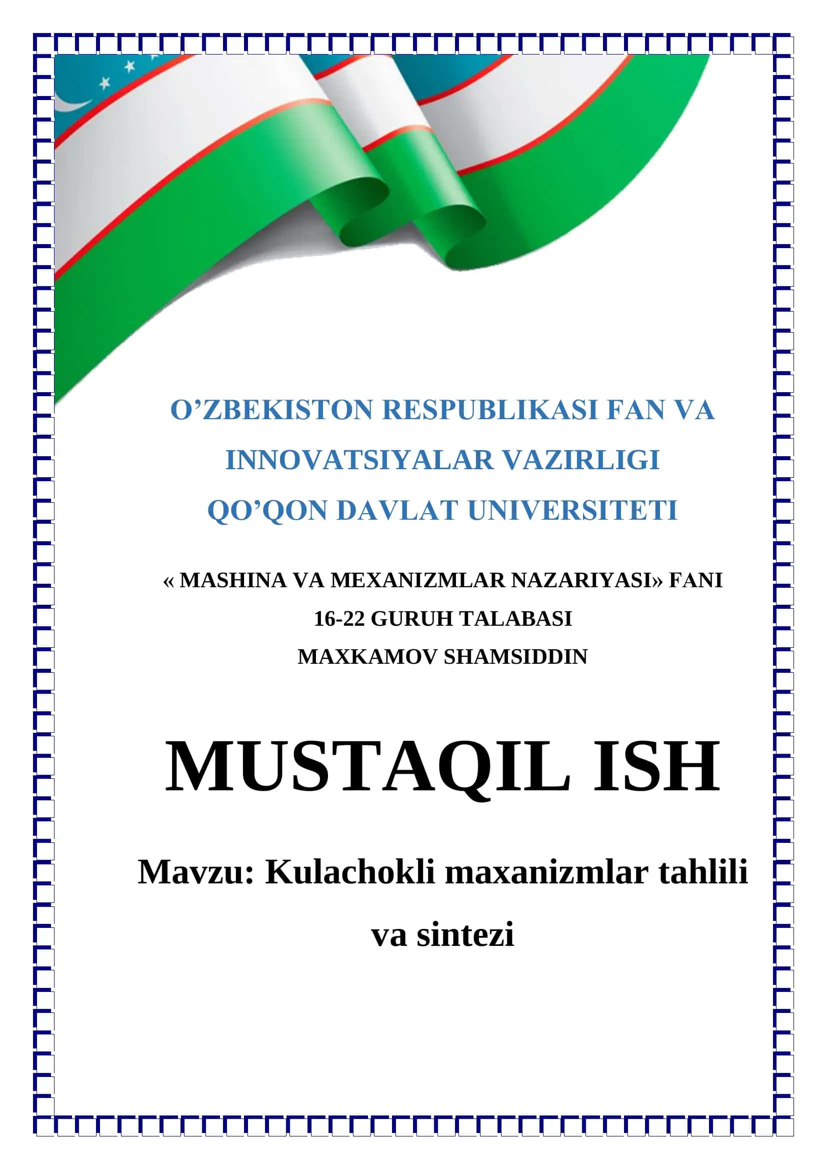 Kulachokli maxanizmlar tahlili va sintezi 1