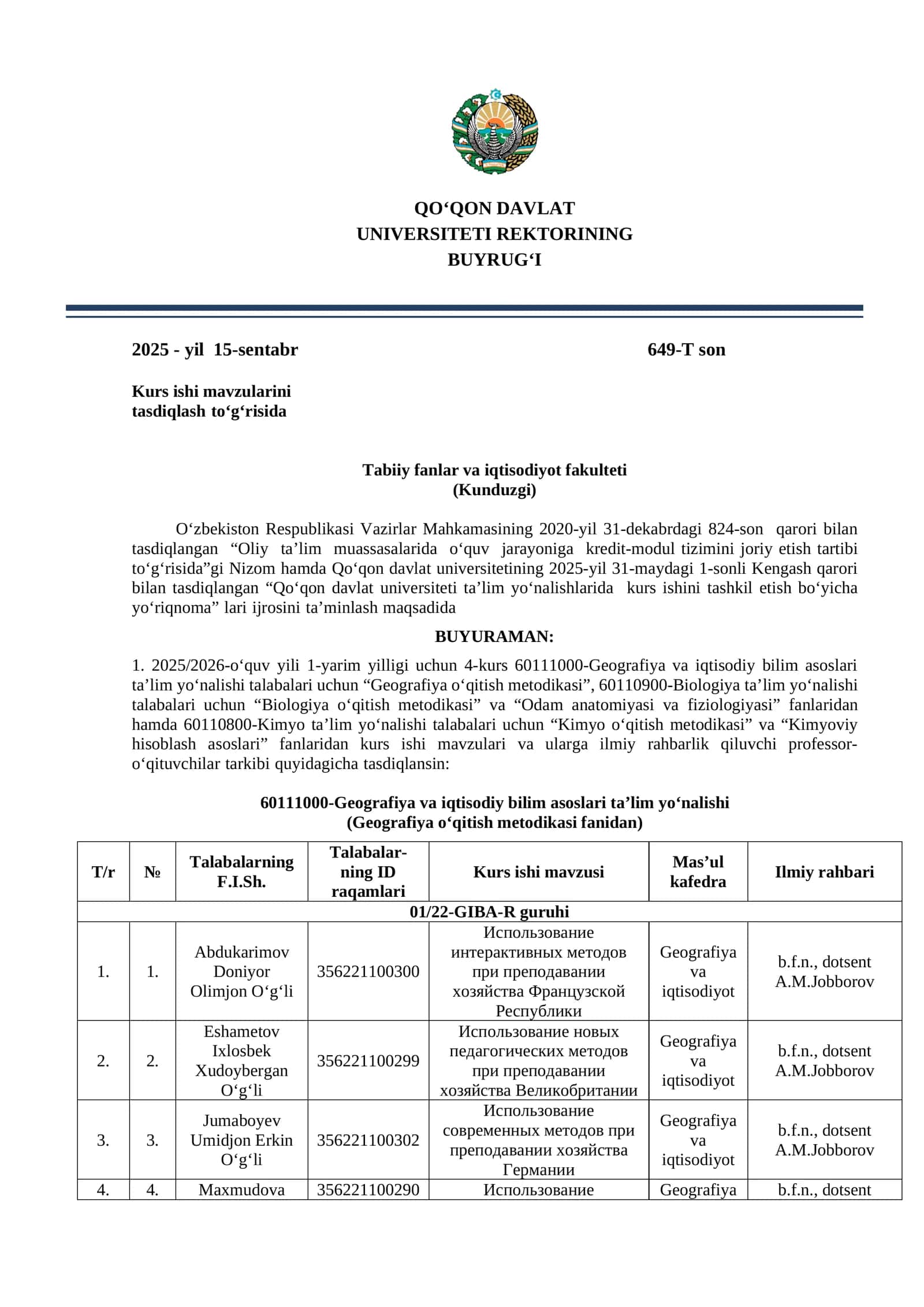 Kurs ishi mavzularini tasdiqlash 1