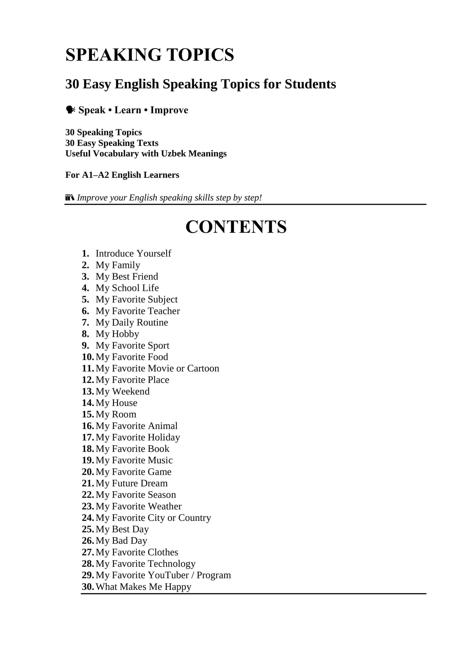 30 ta Easy English Speaking Topics | A1–A2 daraja uchun Speaking Material 1