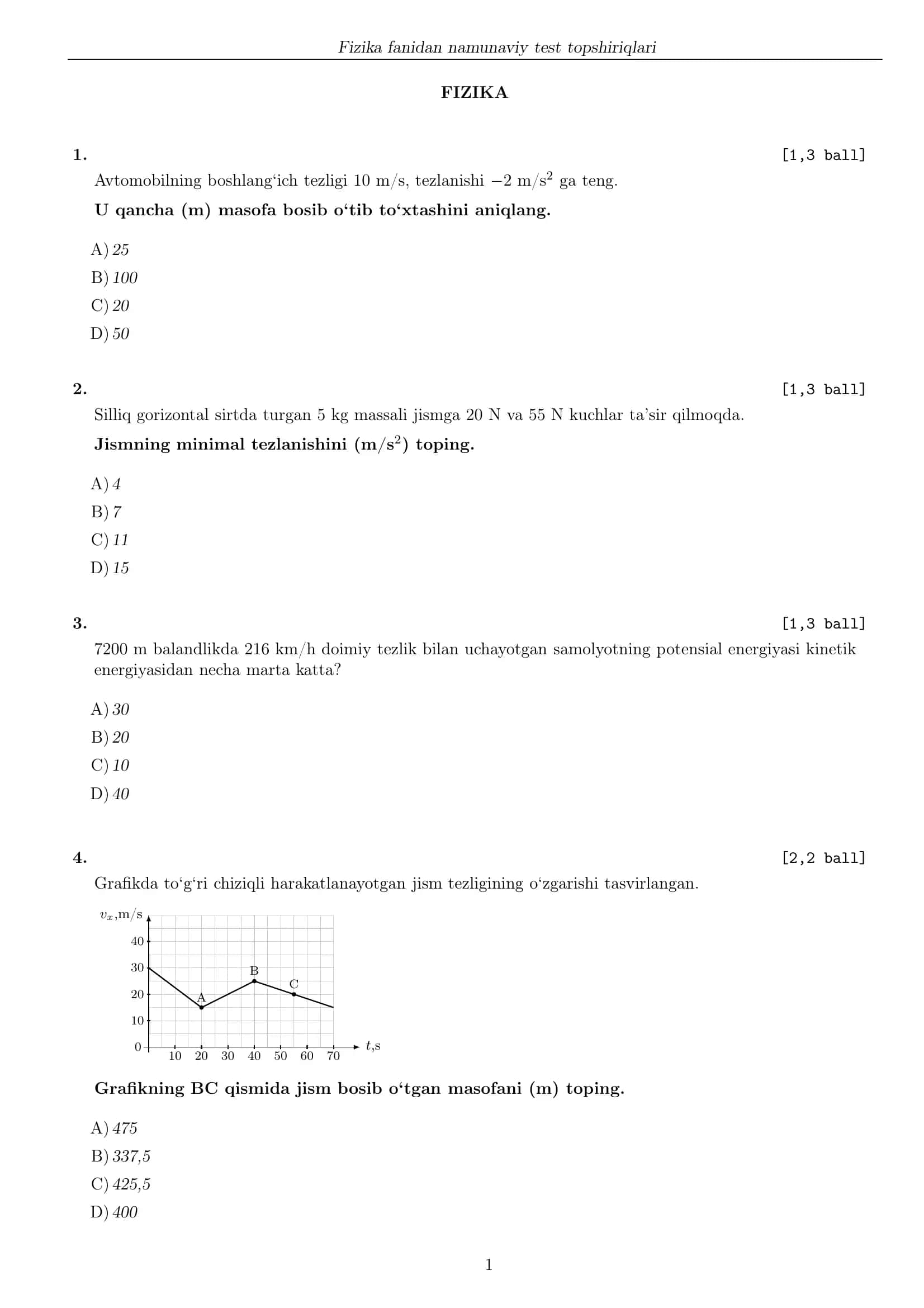 Fizika fanidan namunaviy test topshiriqlari 1