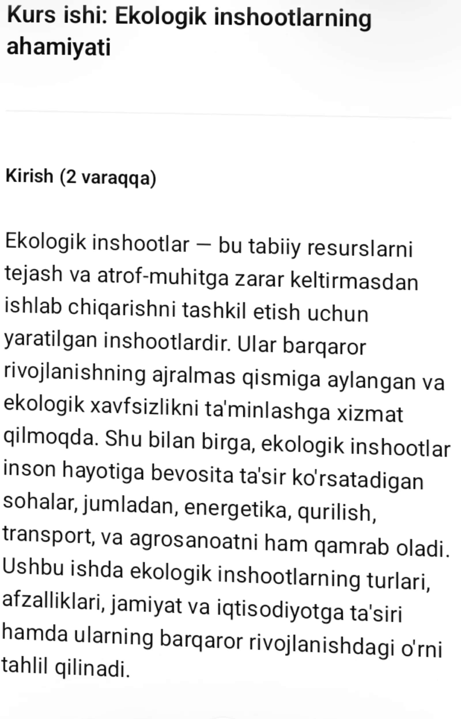 Ekologik inshootlarning ahamiyati 1