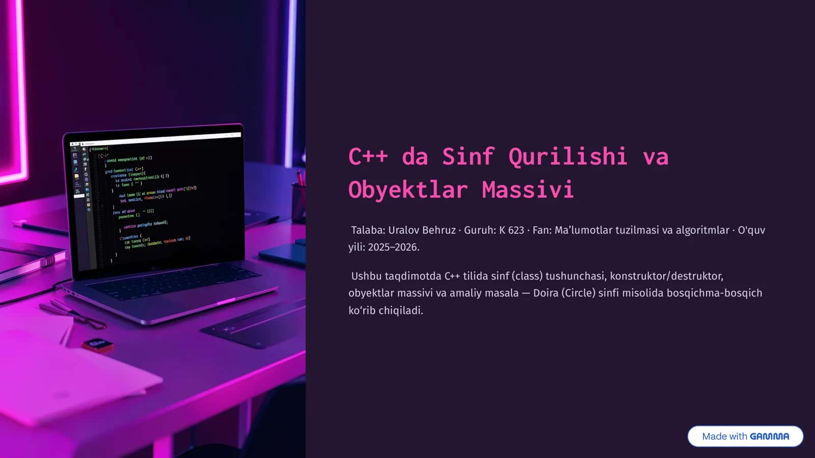 C++ da Sinf Qurilishi va Obyektlar Massivi 1