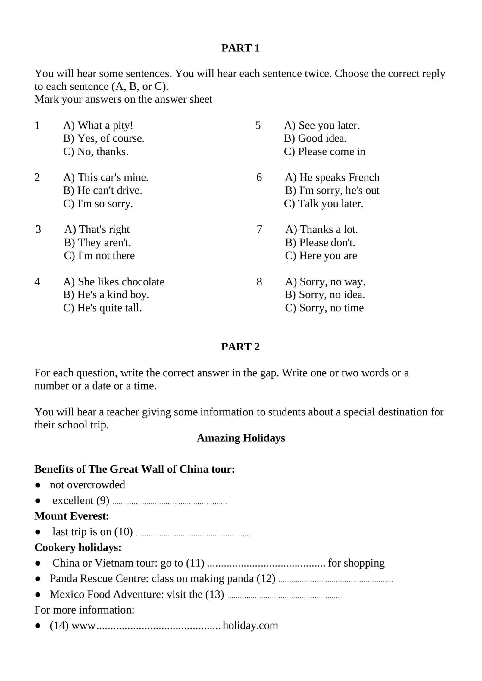 Marking Answers on Answer Sheet 1