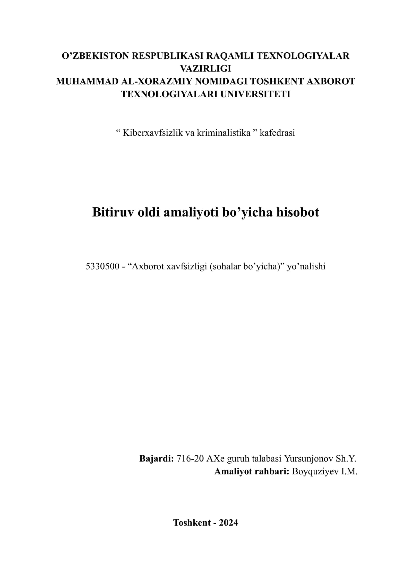 Bitiruv oldi amaliyoti bo’yicha hisobot 1