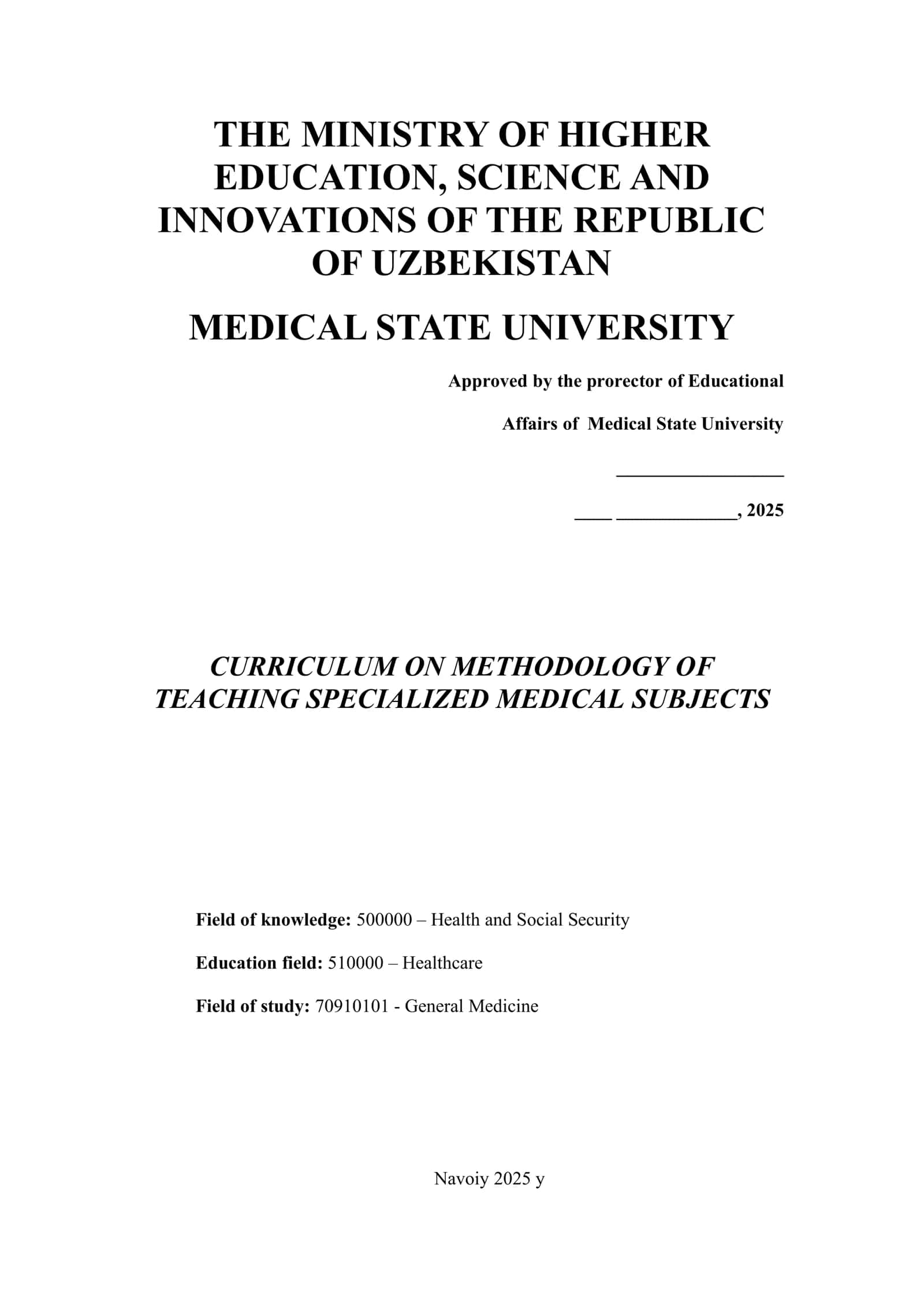 CURRICULUM ON METHODOLOGY OF TEACHING SPECIALIZED MEDICAL SUBJECTS 1