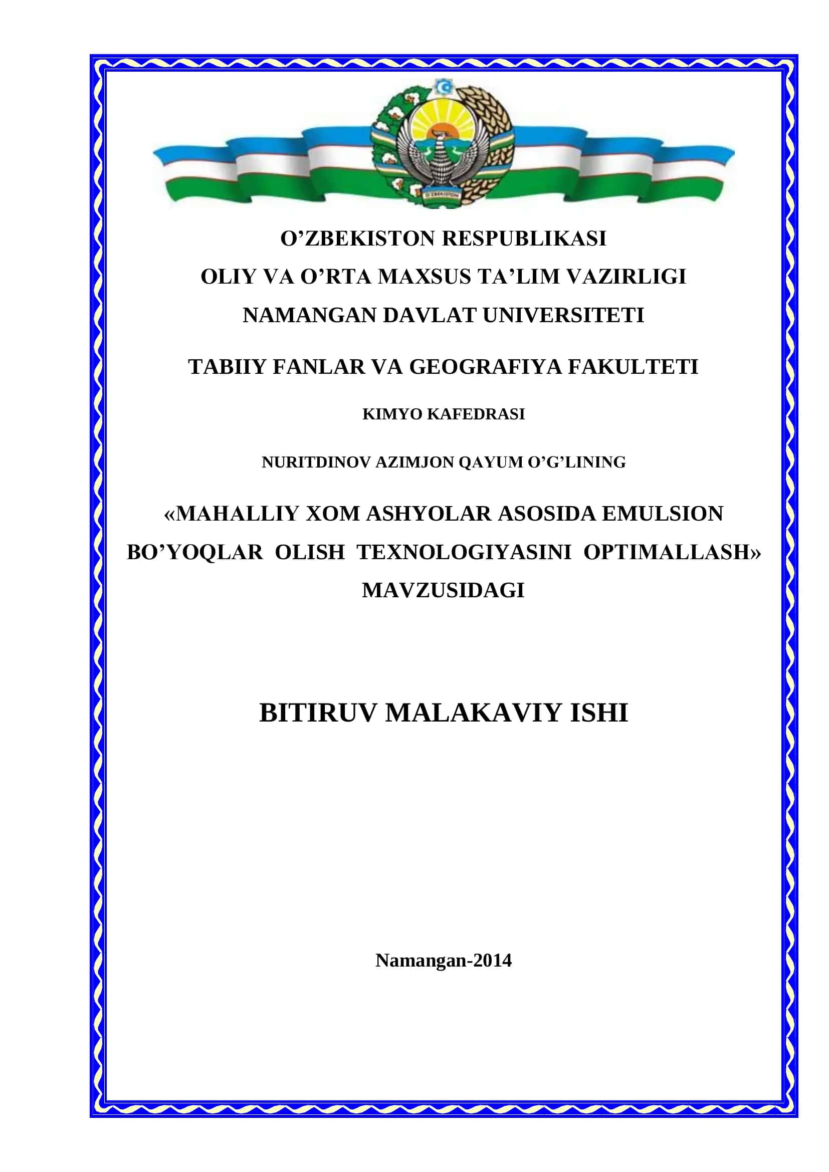 MAHALLIY XOM ASHYOLAR ASOSIDA EMULSION BO’YOQLAR OLISH TEXNOLOGIYASINI OPTIMALLASH 1