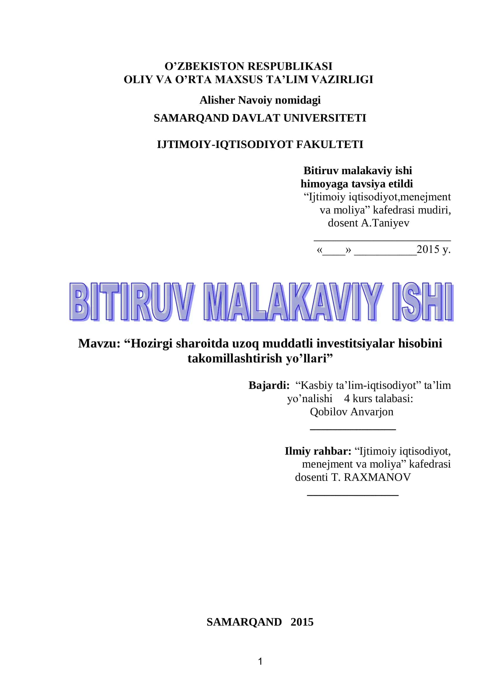 Hozirgi sharoitda uzoq muddatli investitsiyalar hisobini takomillashtirish yo’llari 1