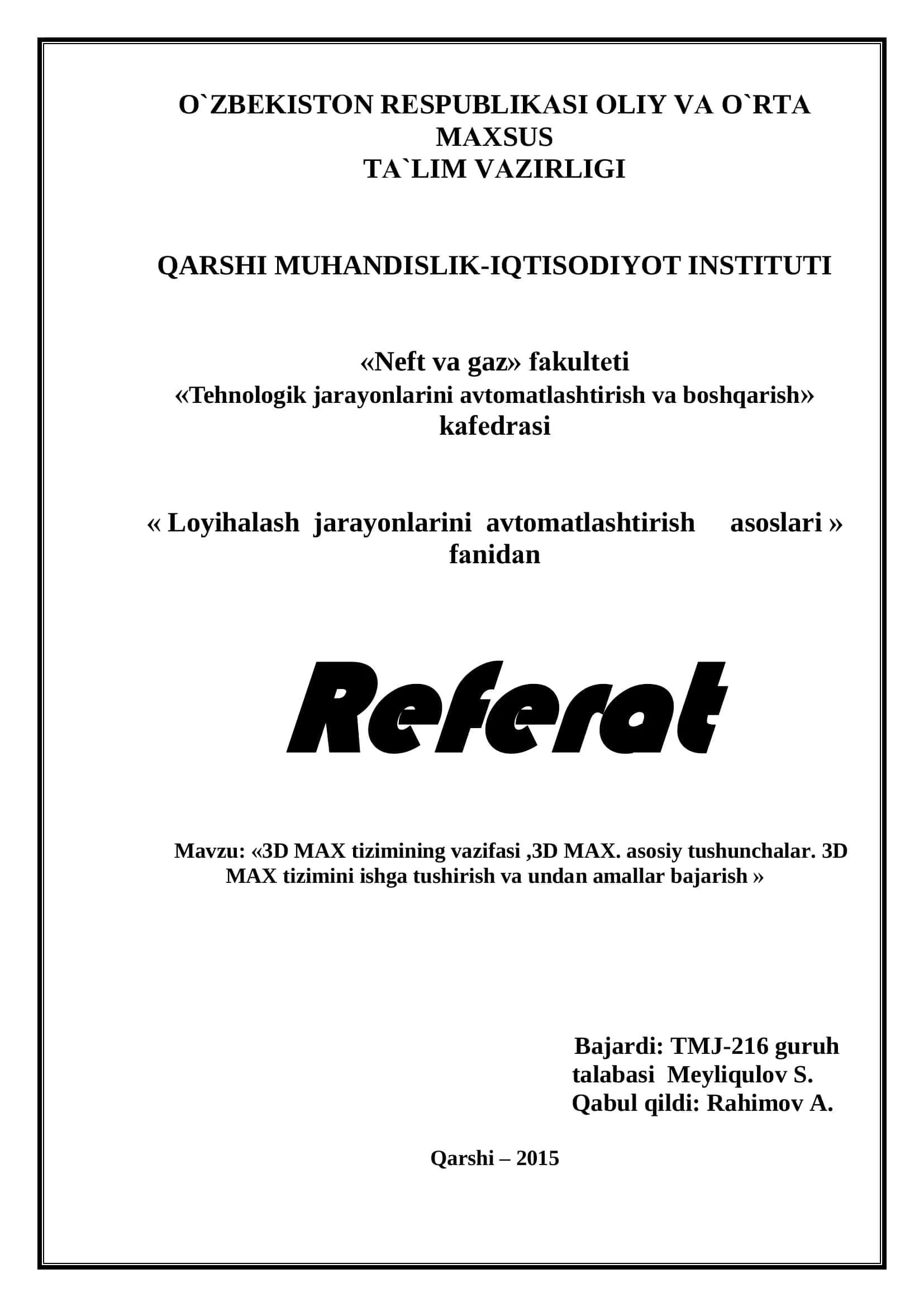 Loyihalash jarayonlarini avtomatlashtirish asoslari 1
