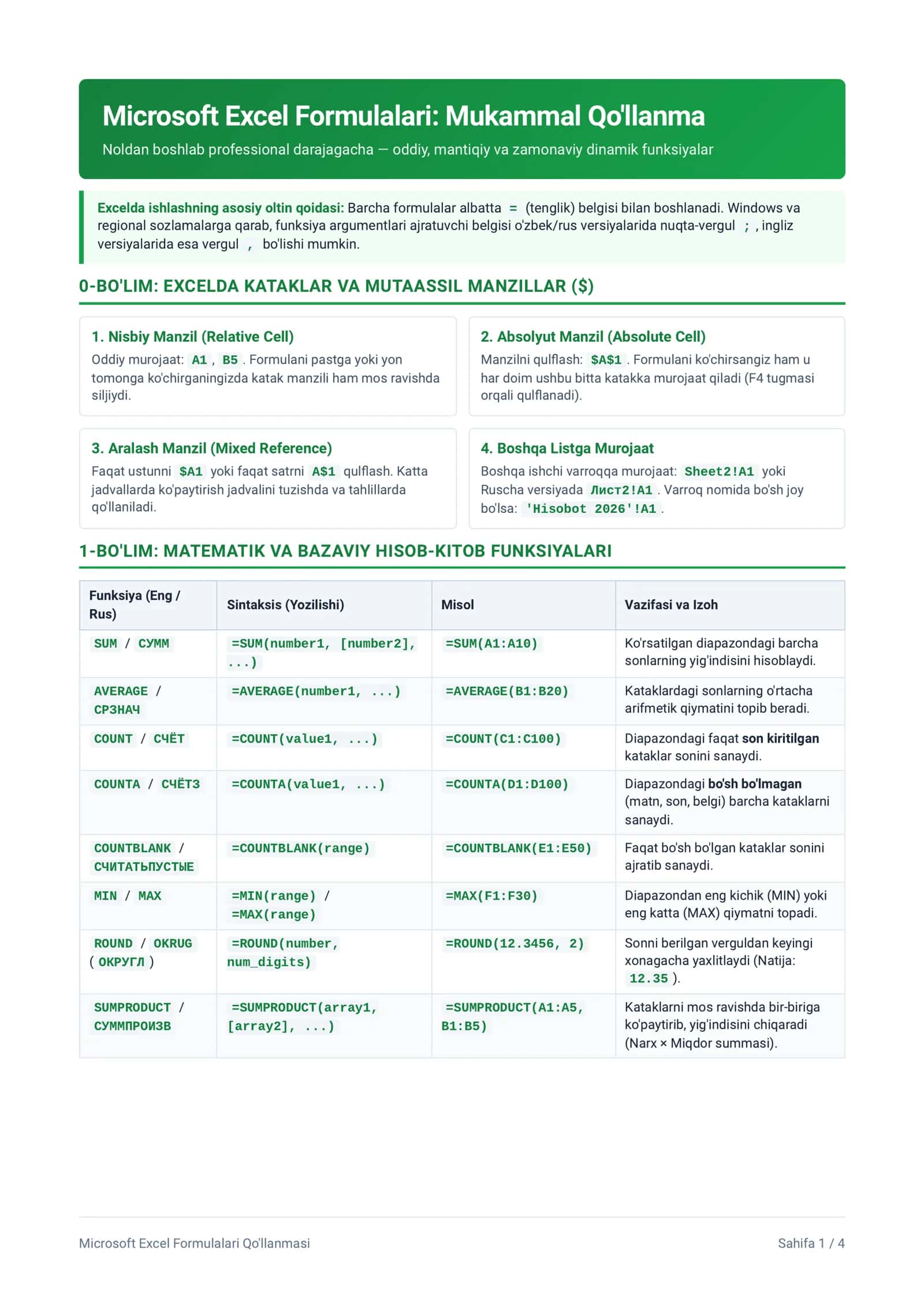 Microsoft Excel Formulalari: Mukammal Qo'llanma 1