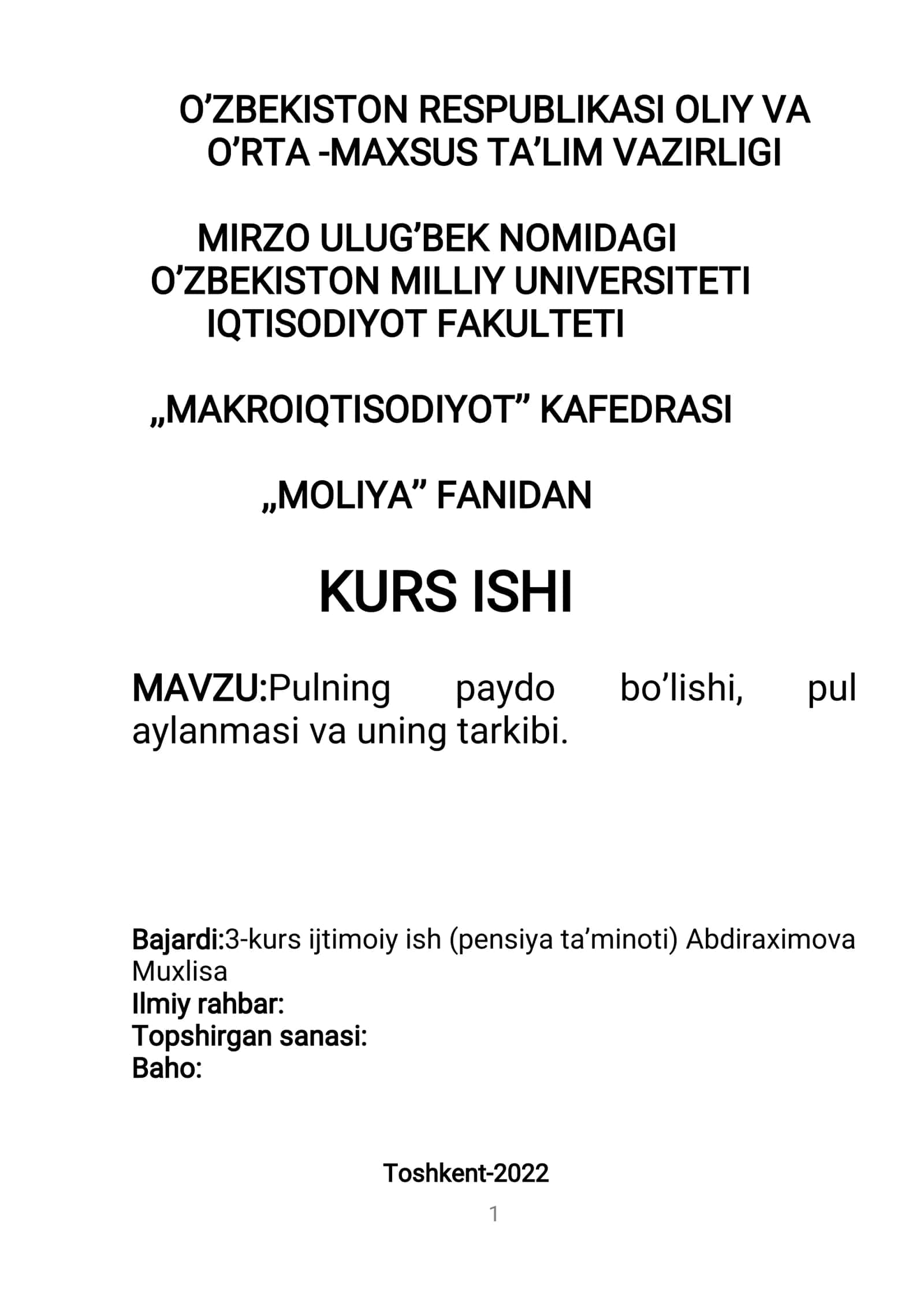 Pulning paydo bo'lishi, pul aylanmasi va uning tarkibi 1