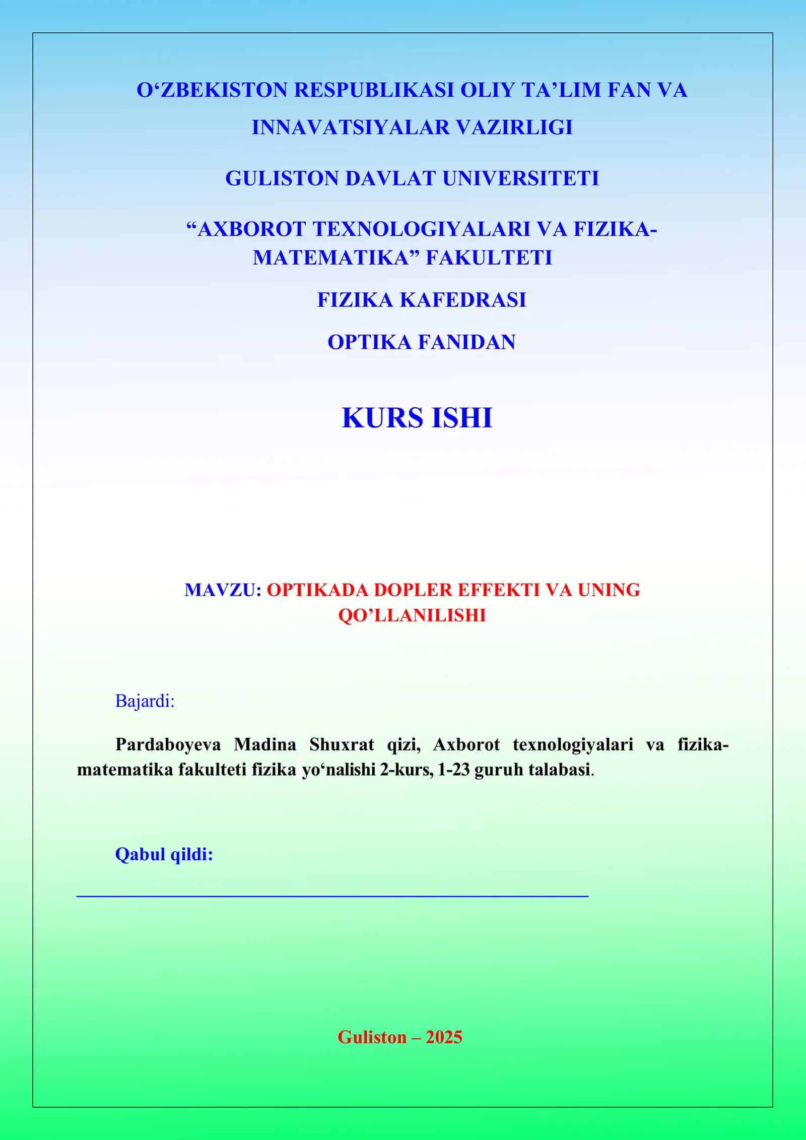OPTIKADA DOPLER EFFEKTI VA UNING QO’LLANILISHI 1