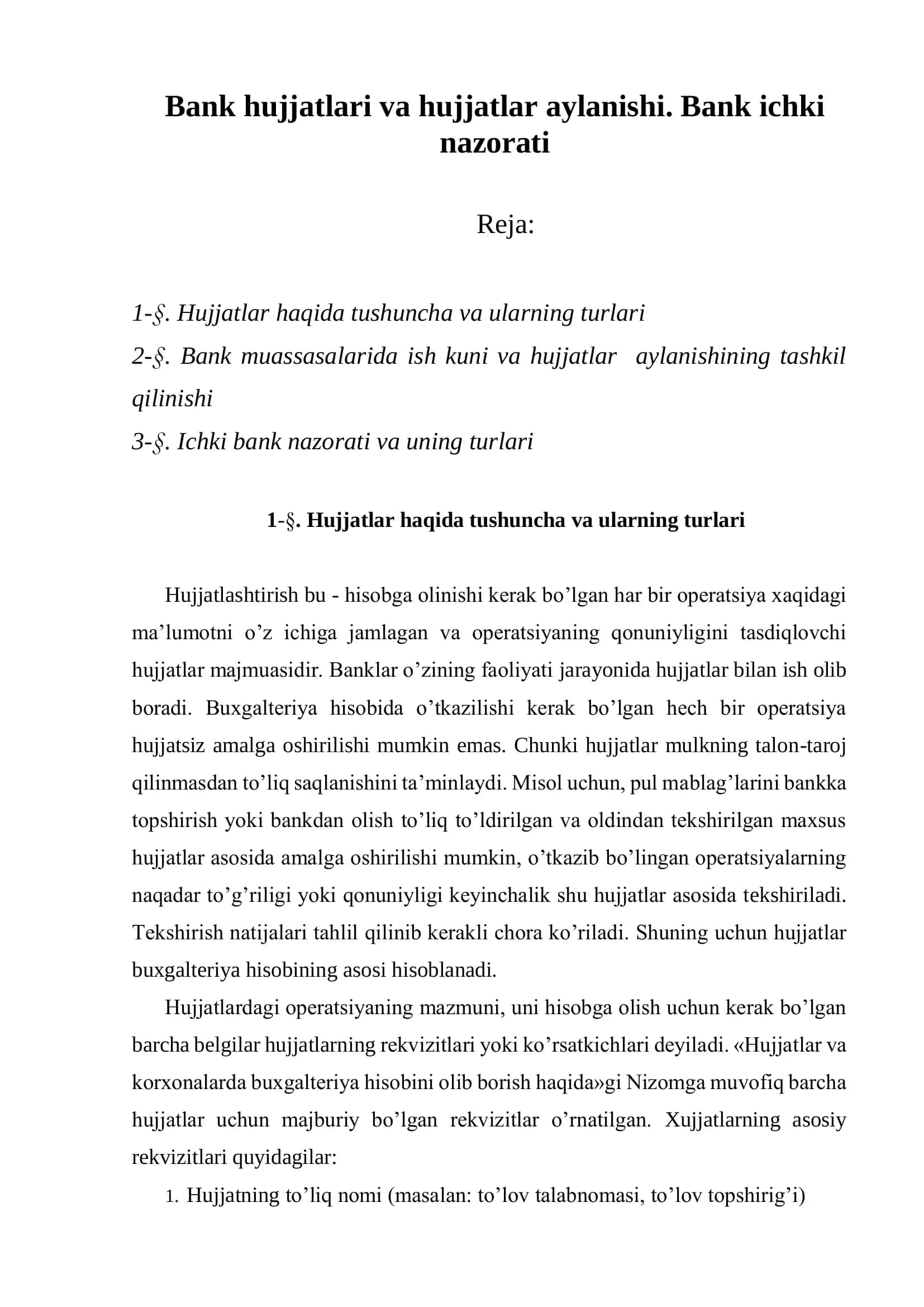 Banklar Hujjatlari va Hujjatlar Aylanishi 1