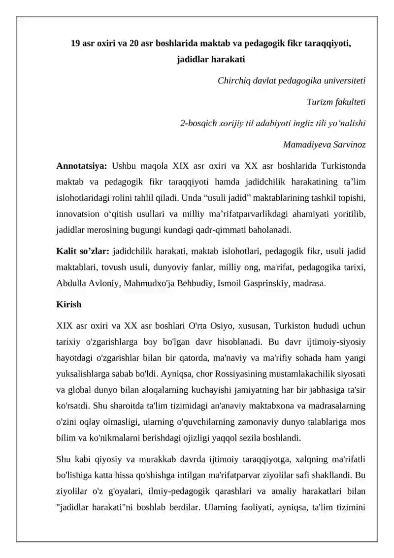 XIX asr oxiri va XX asr boshlarida maktab va pedagogik fikr taraqqiyoti, jadidlar harakati