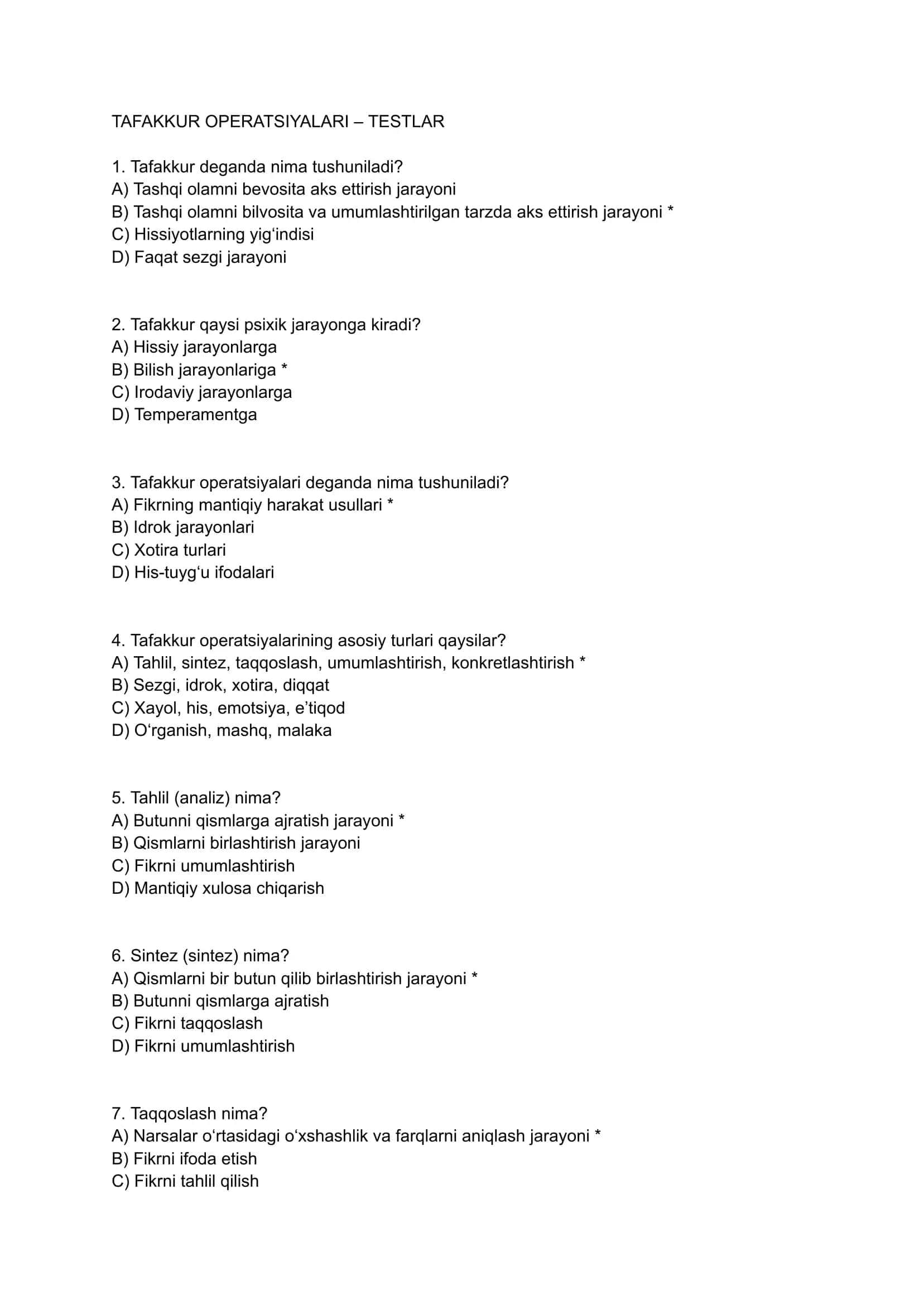 Tafakkur Operatsiyalari – Testlar 1
