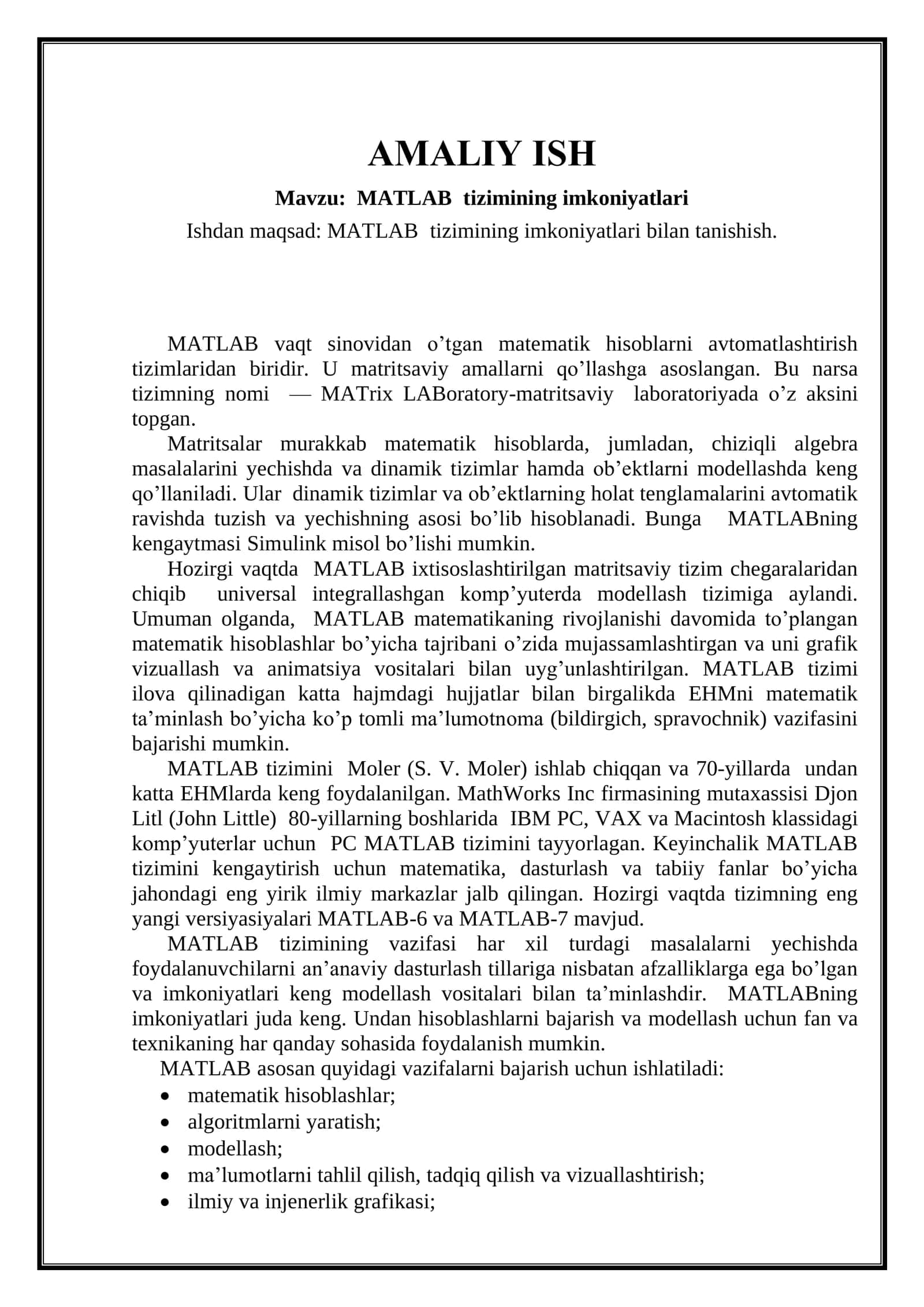 MATLAB tizimining imkoniyatlari 1