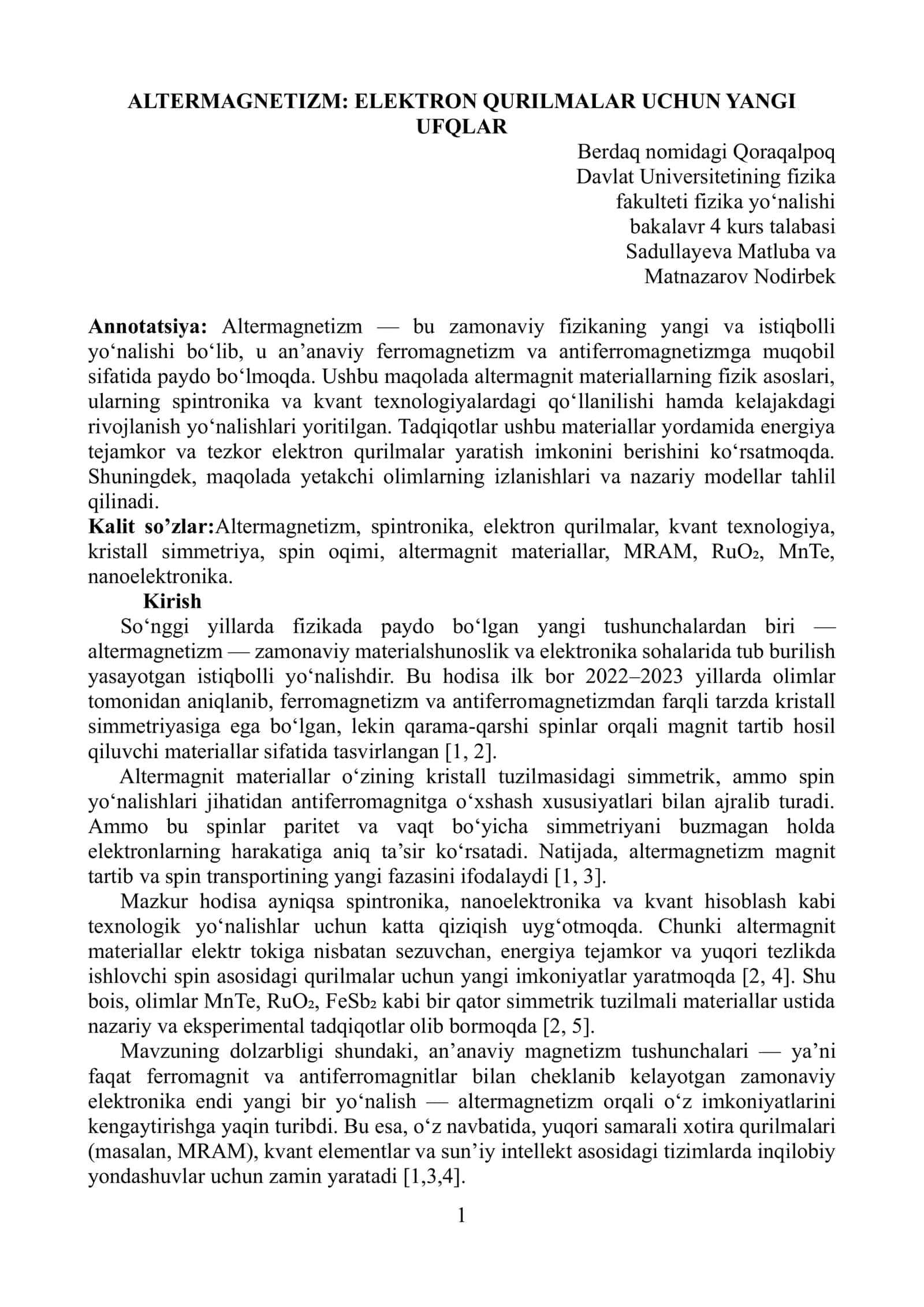 ALTERMAGNETIZM: ELEKTRON QURILMALAR UCHUN YANGI UFQLAR 1