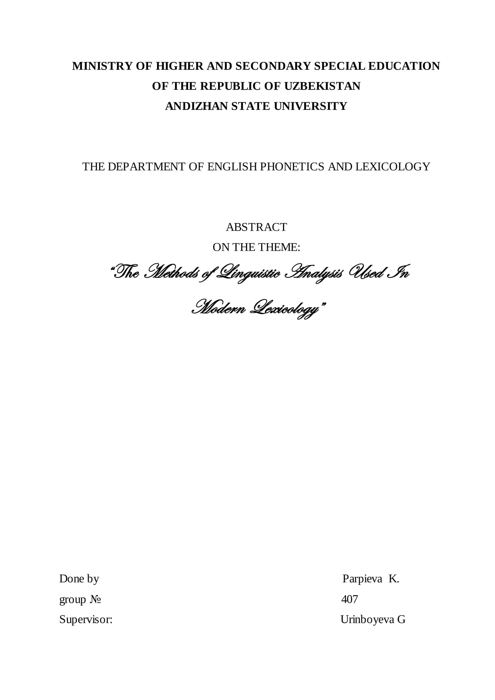 Methods of Linguistic Analysis Used In Modern Lexicology 1