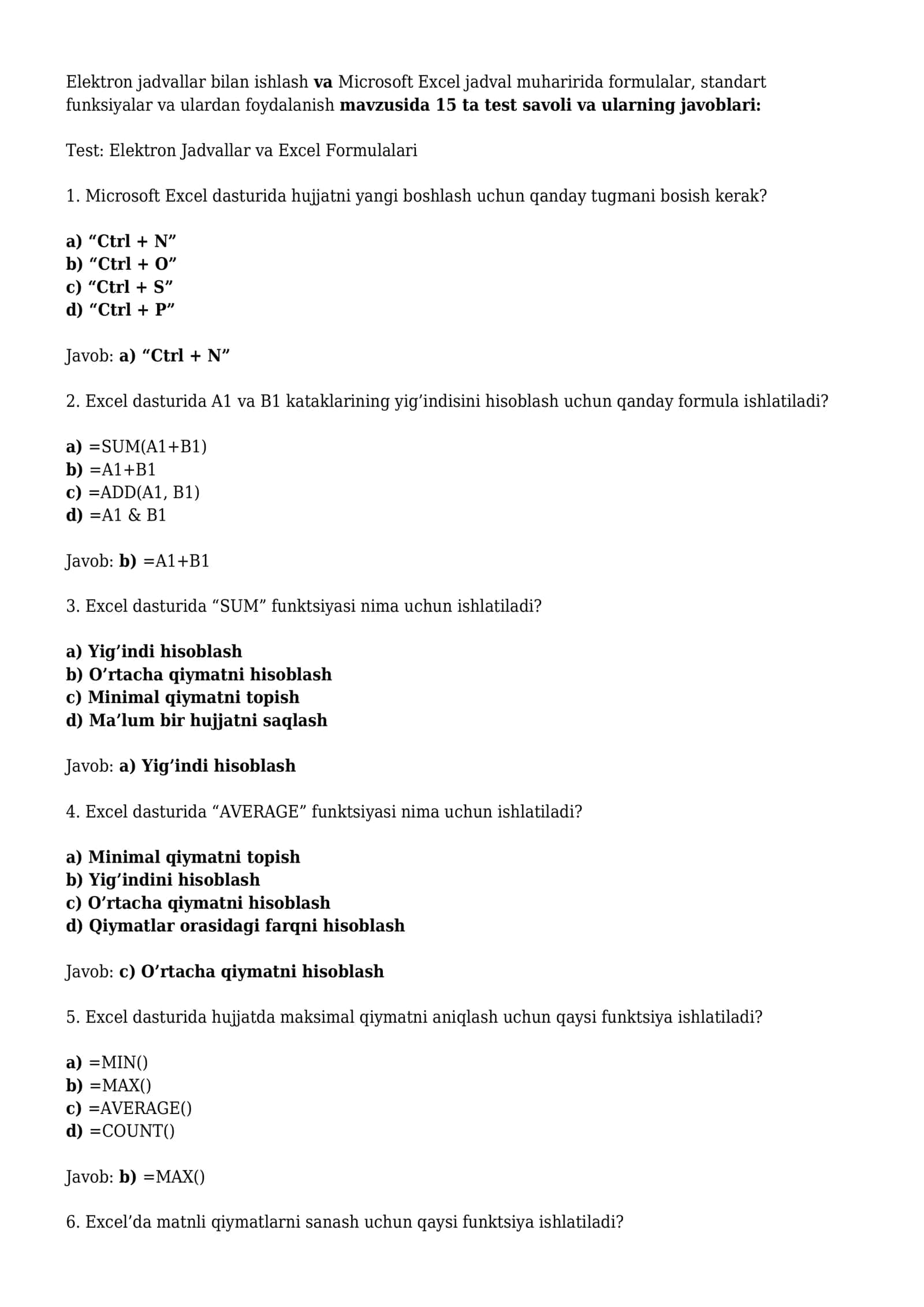 Elektron Jadvallar va Excel Formulalari 1
