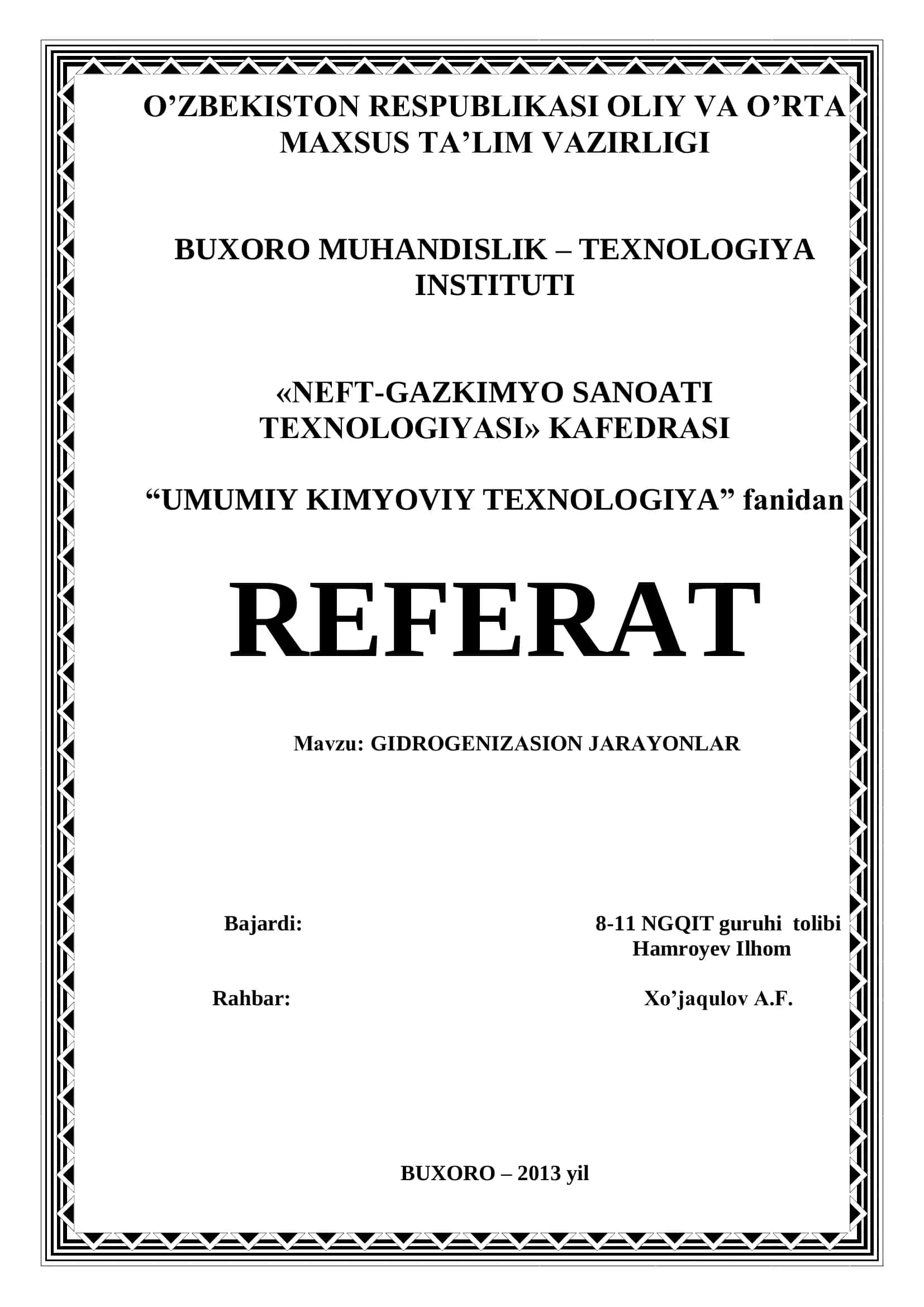 GIDROGENIZATSIYASIYA JARAYONLARI 1