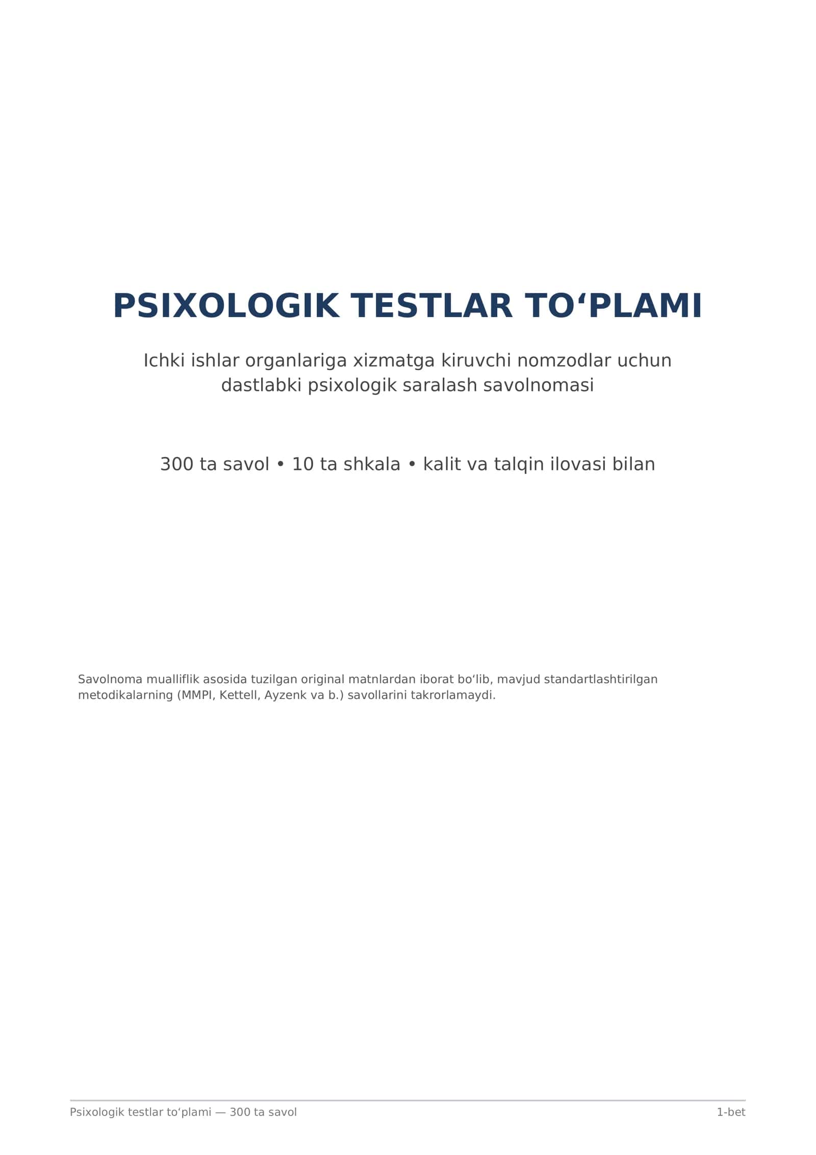 Psixologik testlar to‘plami — 300 ta savol 1