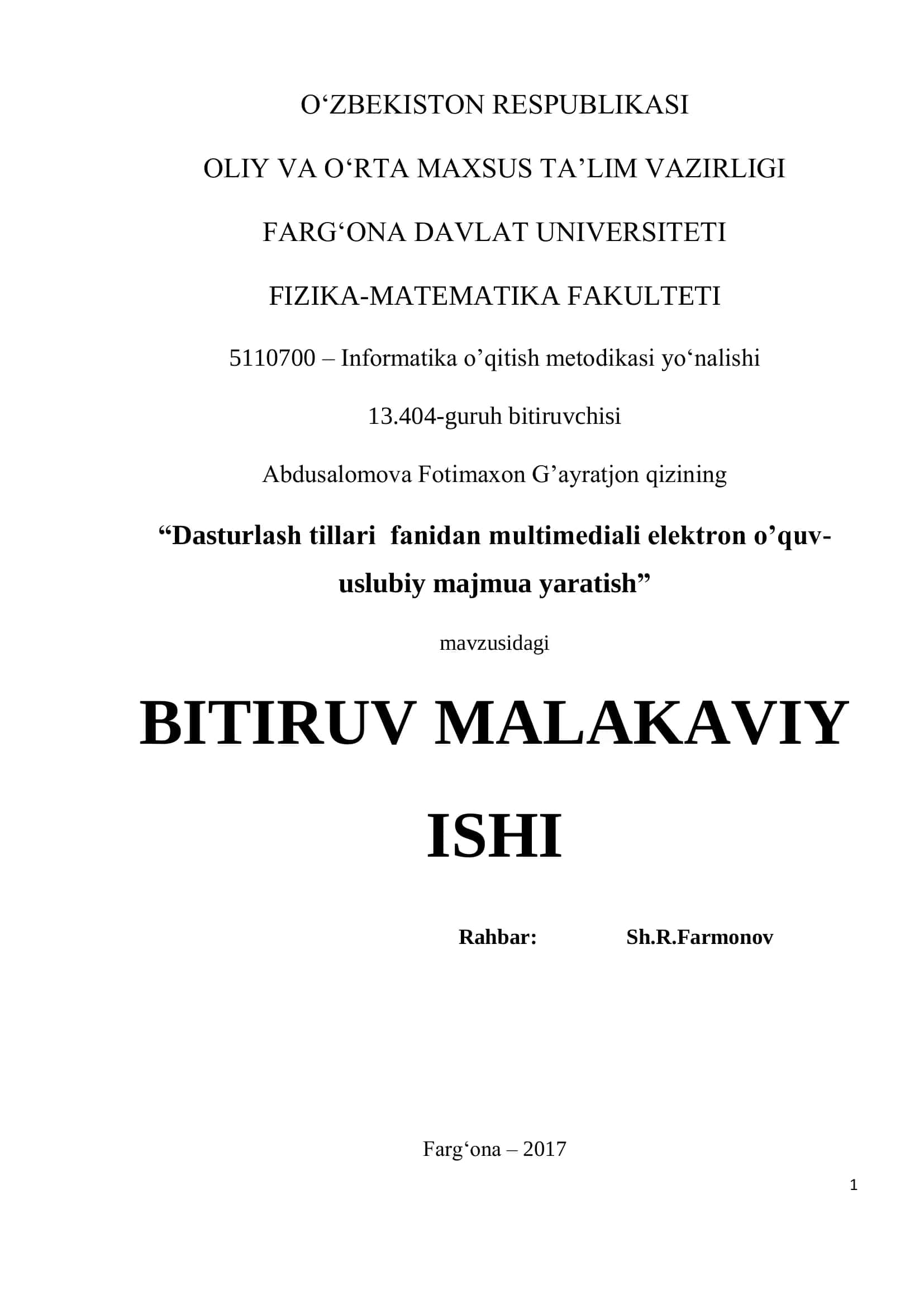 "Dasturlash tillari fanidan multimediali elektrоn o’quv-uslubiy majmua yaratish" 1