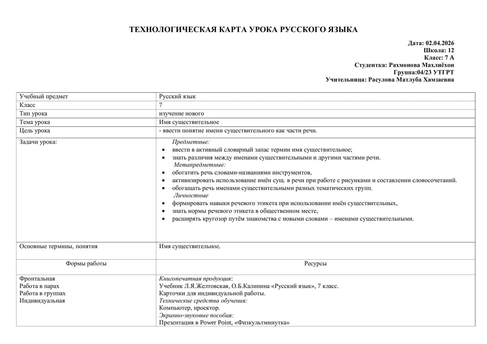 Имя существительное ТЕХНОЛОГИЧЕСКАЯ КАРТА УРОКА РУССКОГО ЯЗЫКА 1