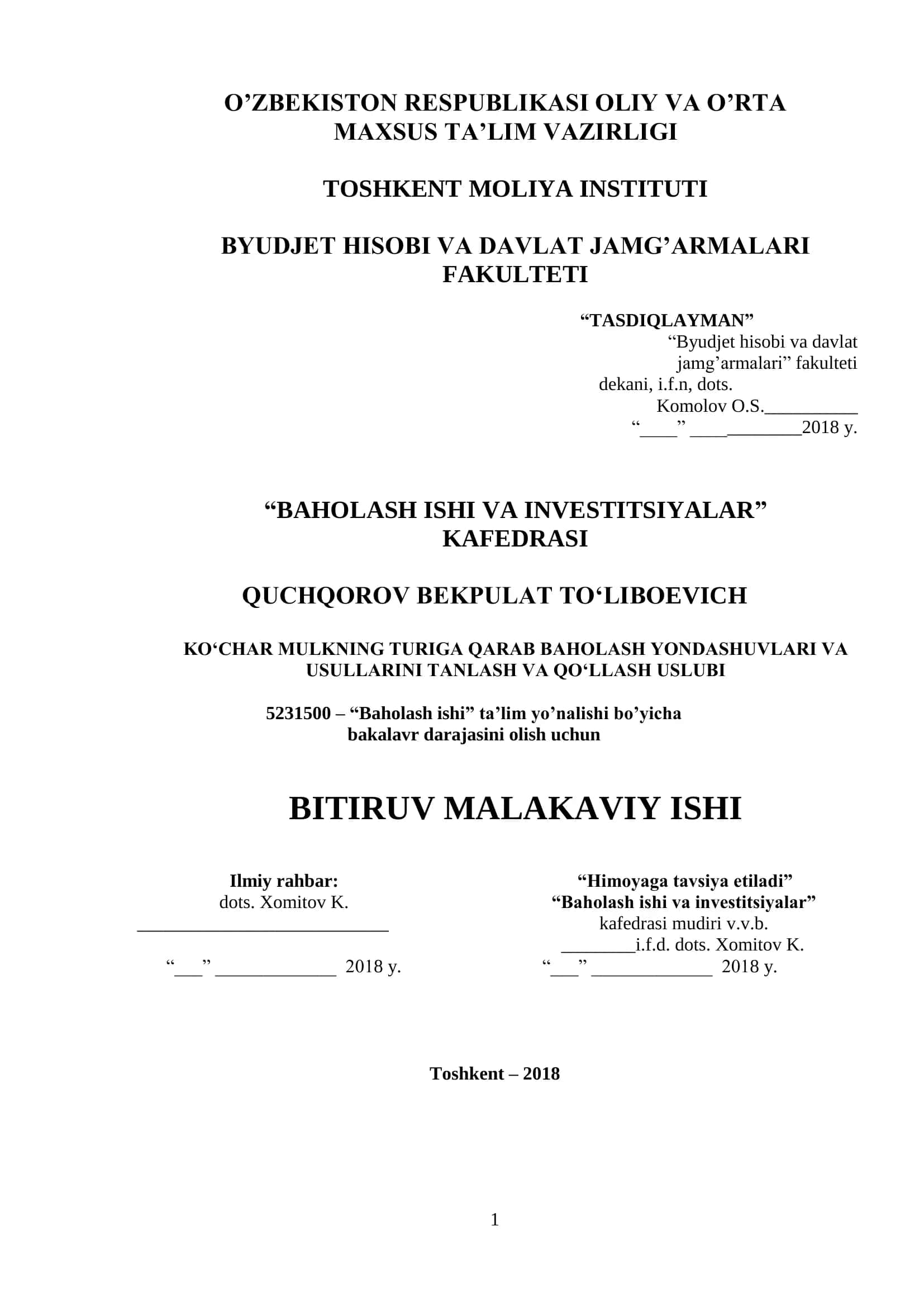 "BAHOLASH ISHI VA INVESTITSIYALAR" 1
