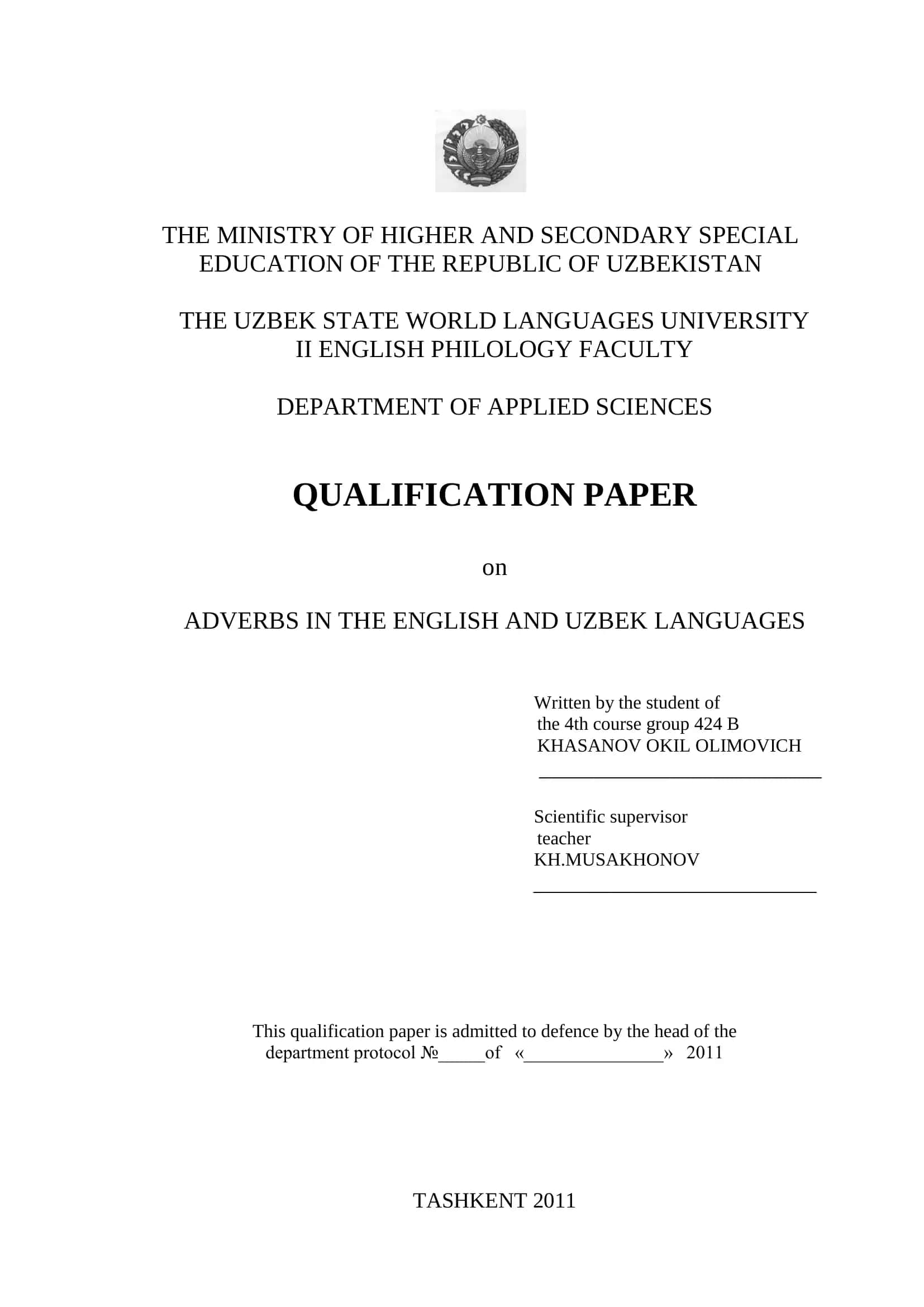 QUALIFICATION PAPER on ADVERBS IN THE ENGLISH AND UZBEK LANGUAGES 1