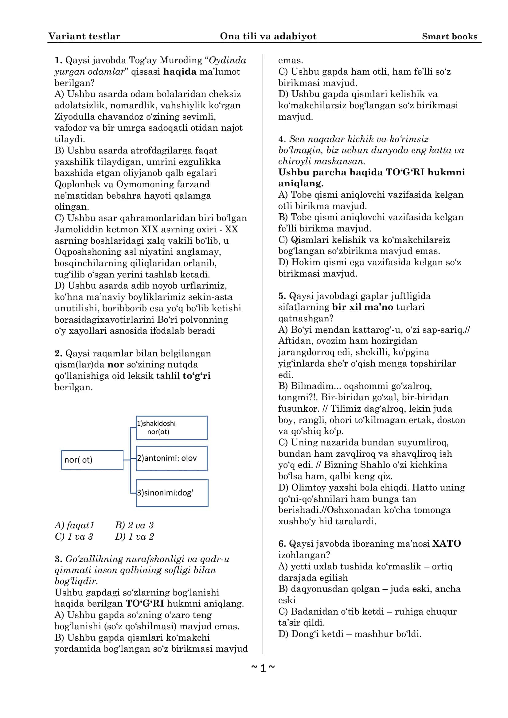Variant testlar Ona tili va adabiyot Smart books 1
