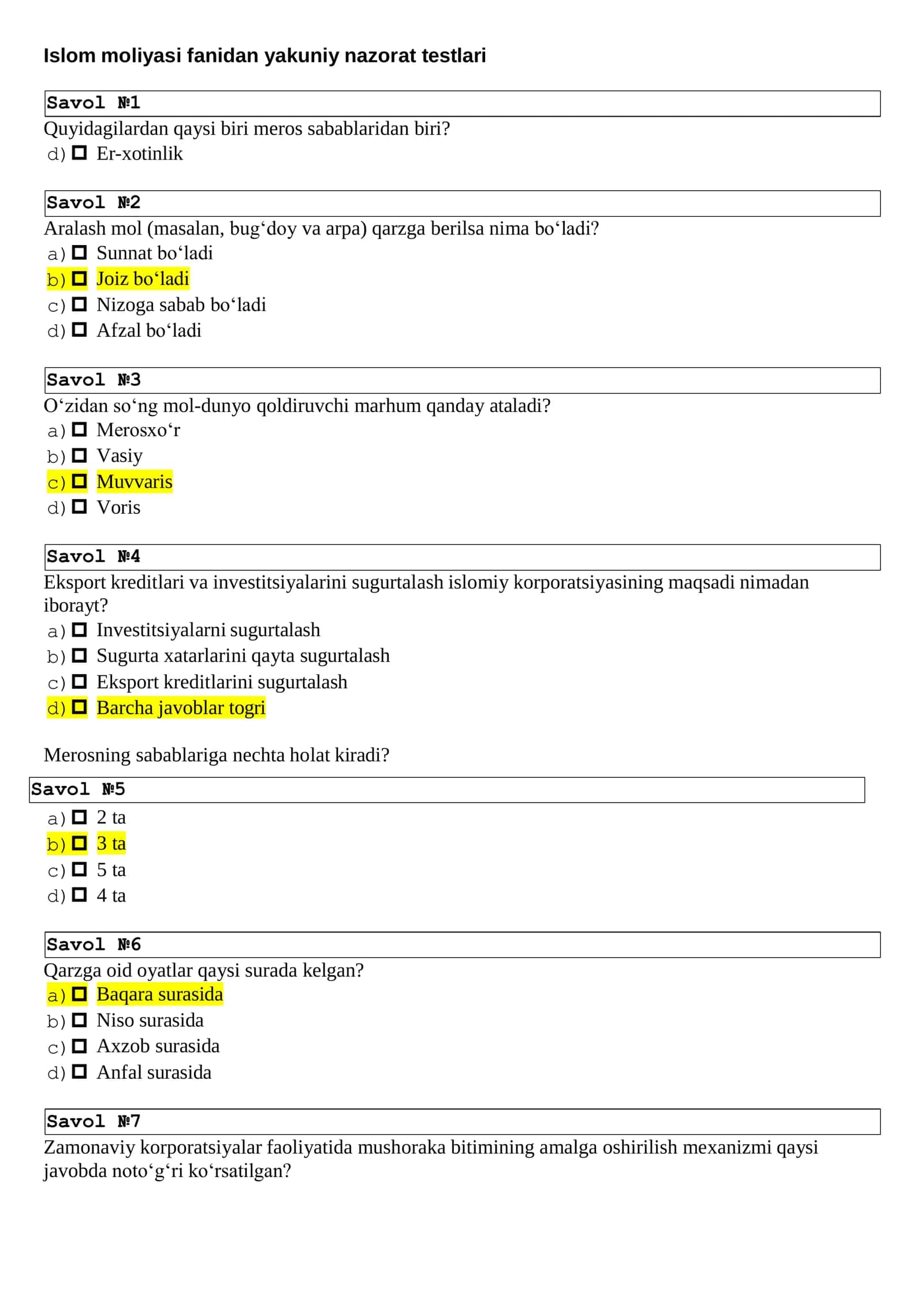 Islom moliyasi fanidan yakuniy nazorat testlari 1