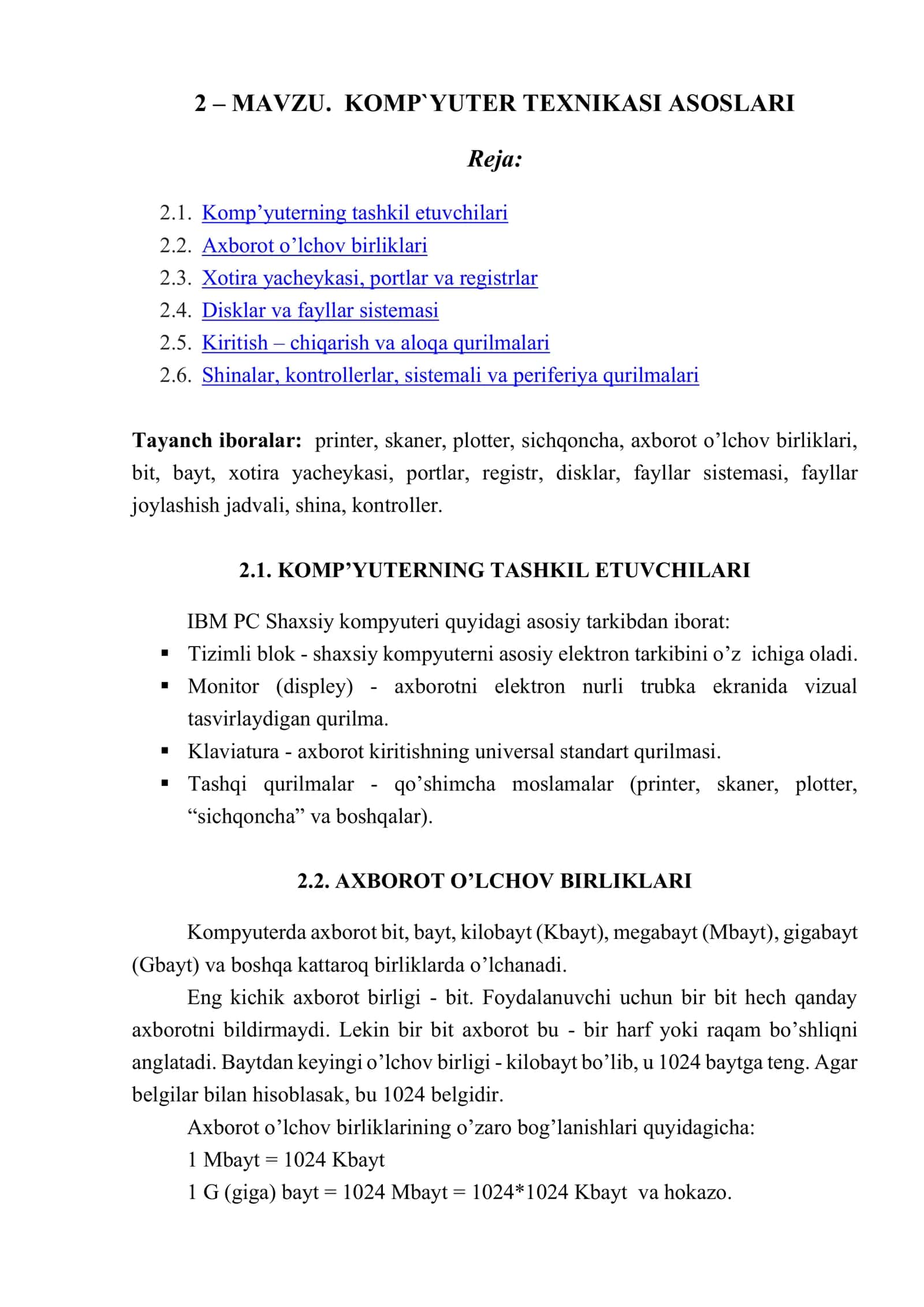 KOMP`YUTER TEXNIKASI ASOSLARI 1