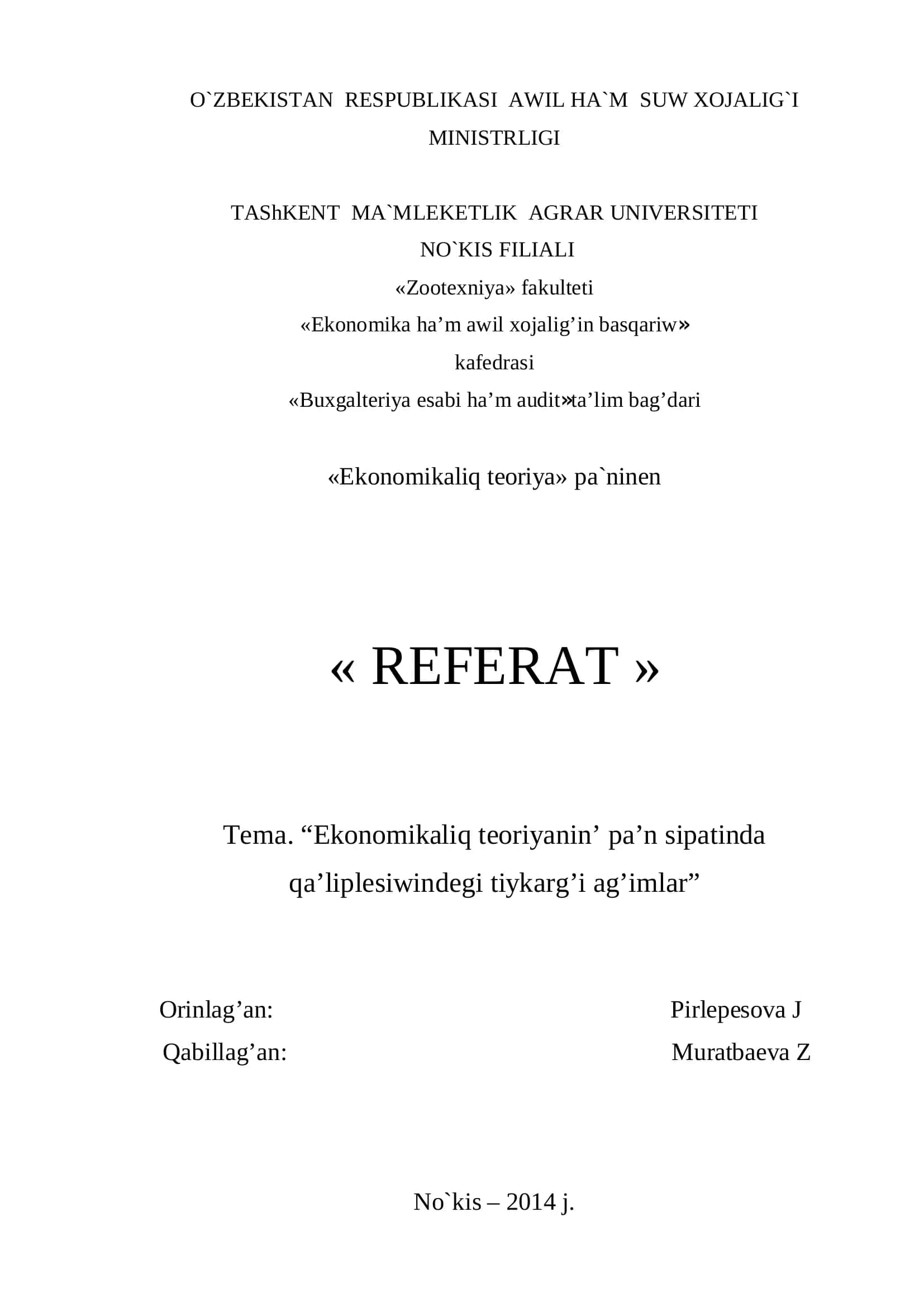 Ekonomikaliq Teoriya Referat 1