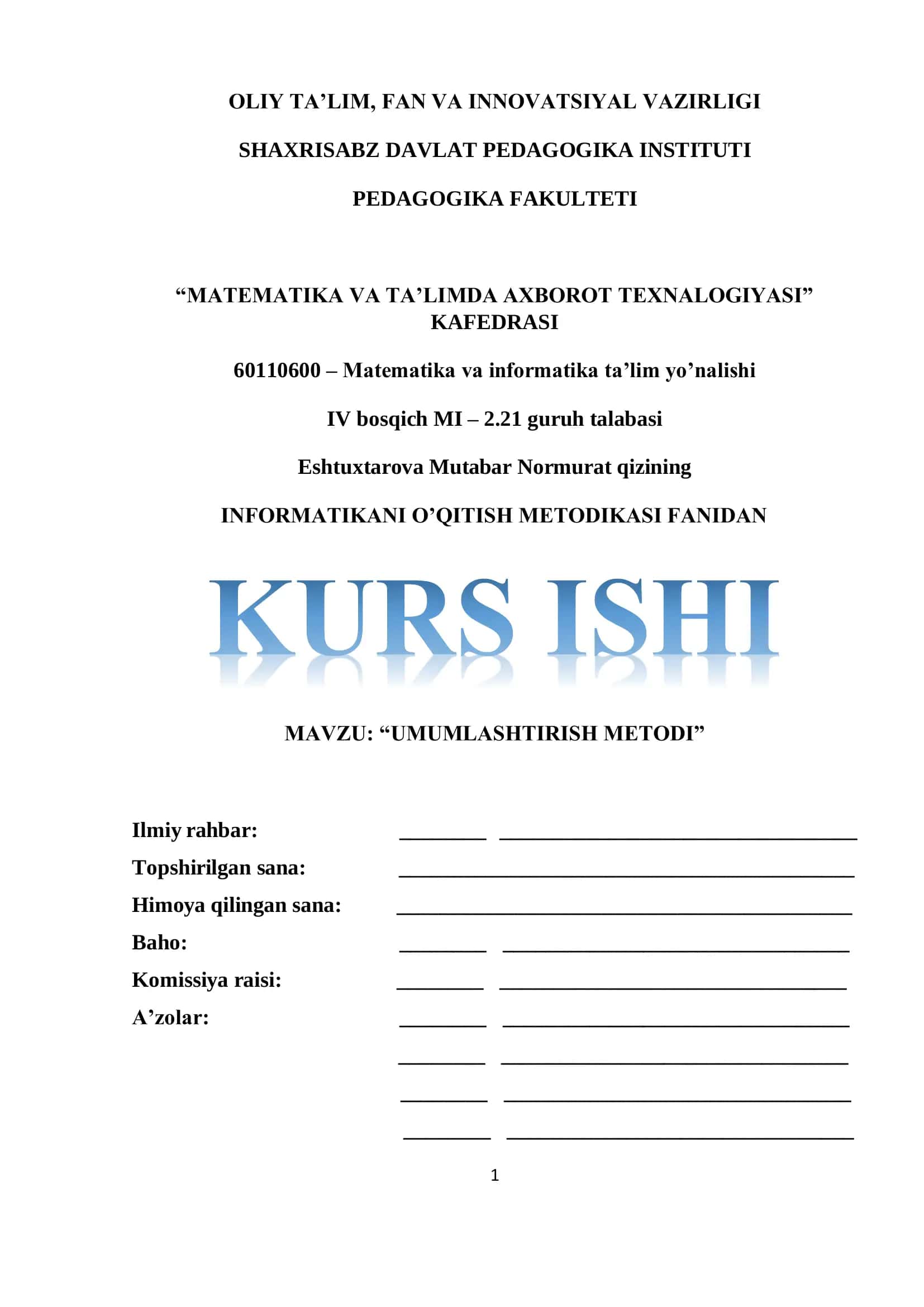 “UMUMLASHTIRISH METODI” 1