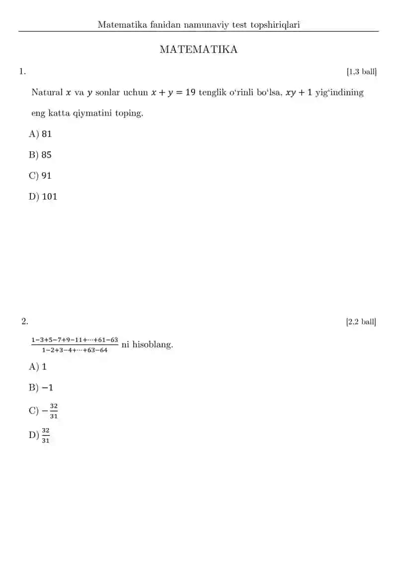 DTM testlari va javoblari matematika fanidan