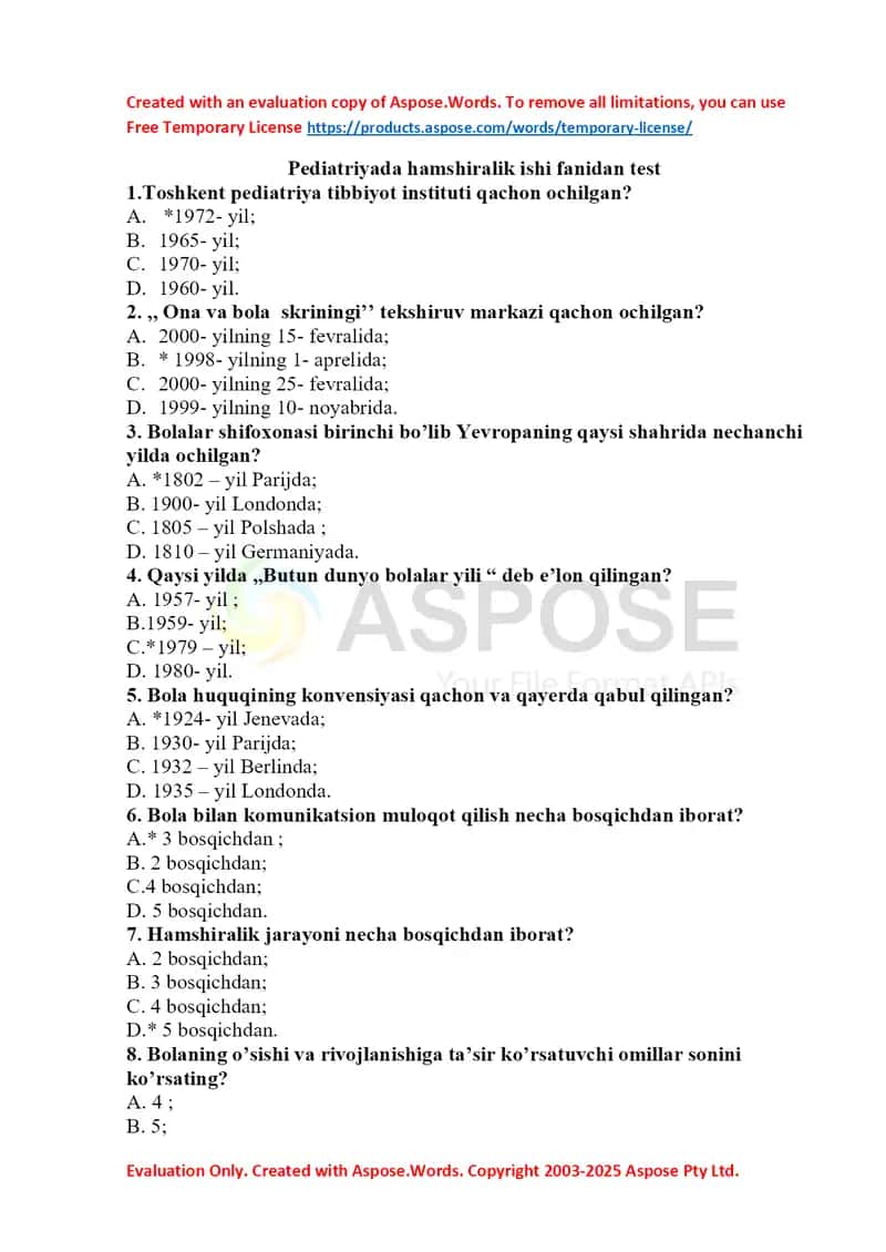 Pediatriyada hamshiralik ishi fanidan test 1