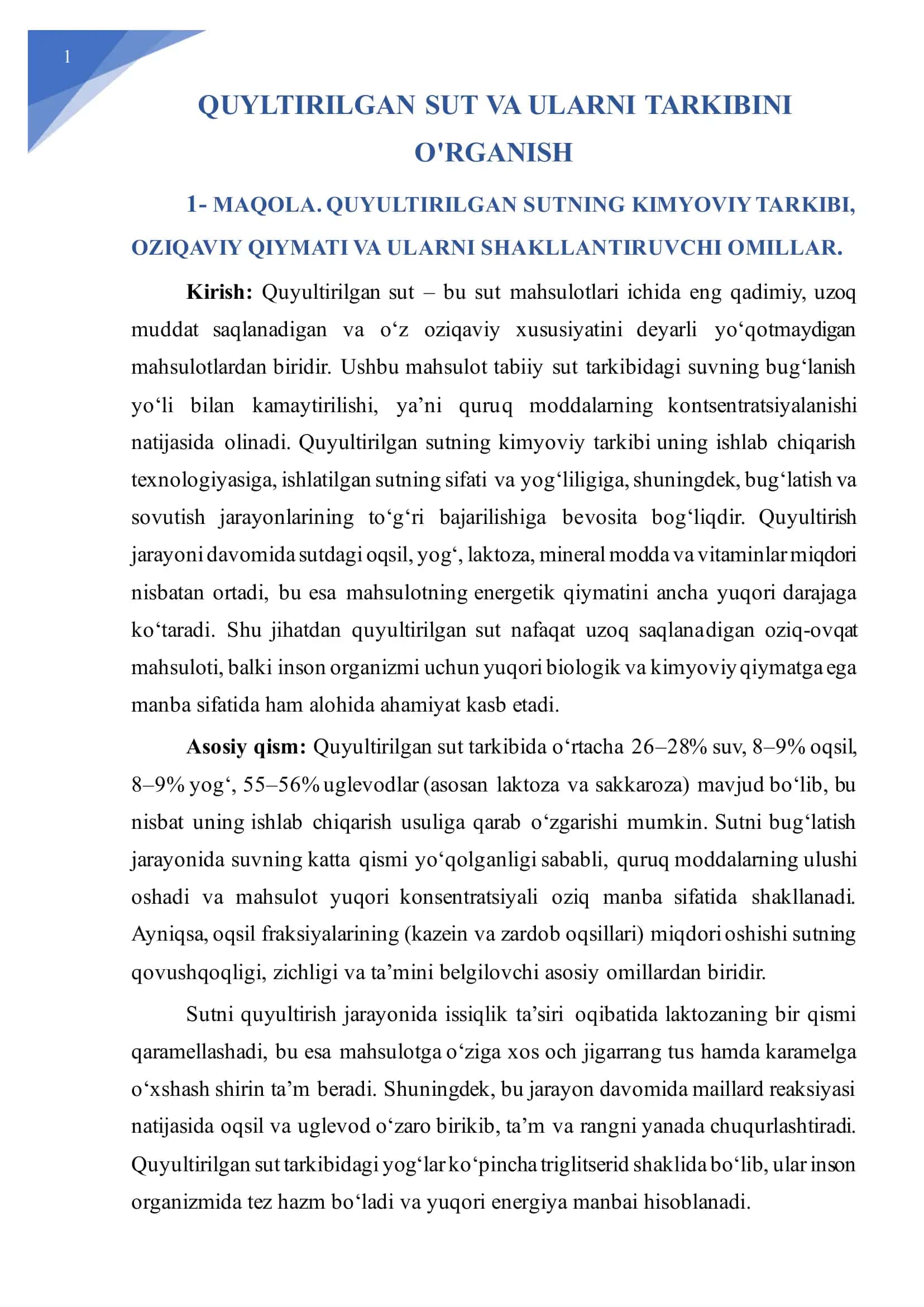 Quyultirilgan Sut va Ularni Tarkibini O'rganish 1
