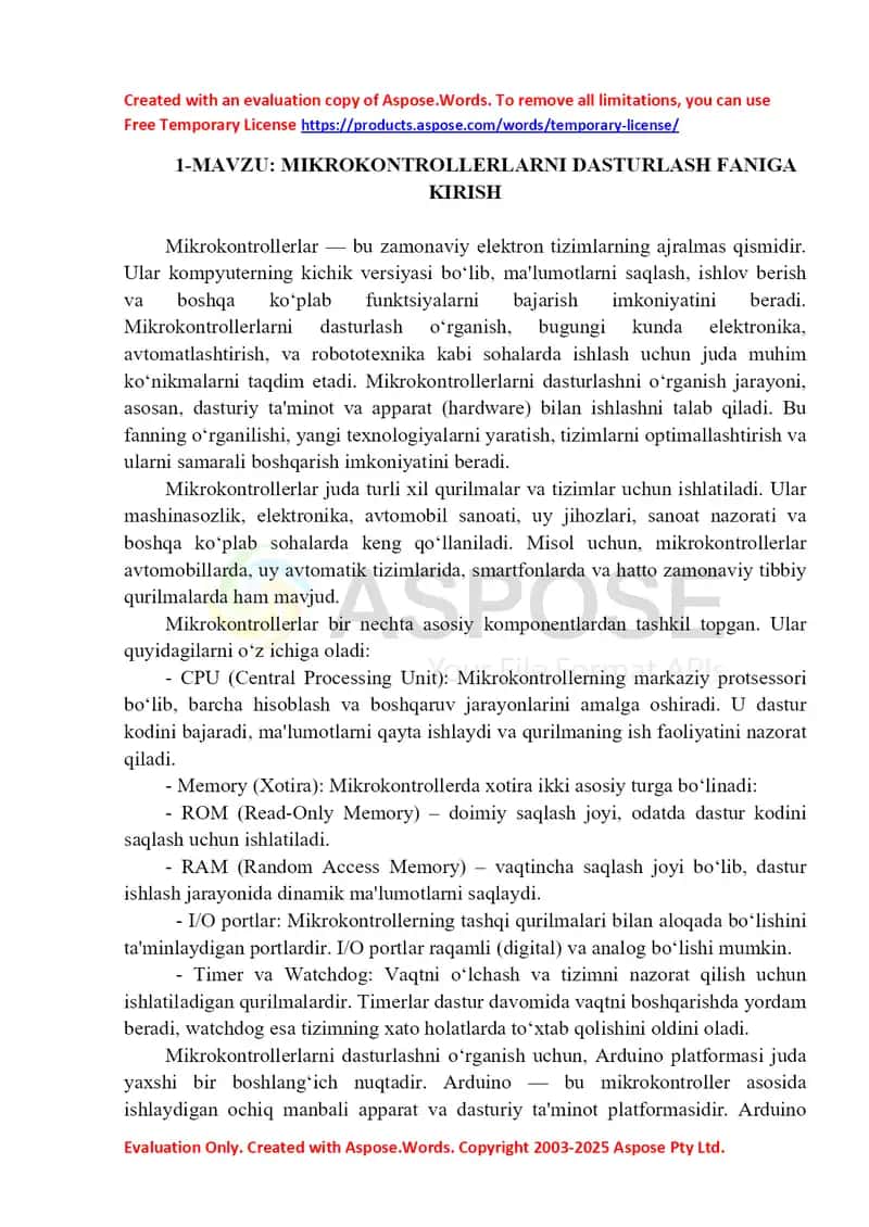 Mikrokontrollerlarni dasturlash faniga kirish 1