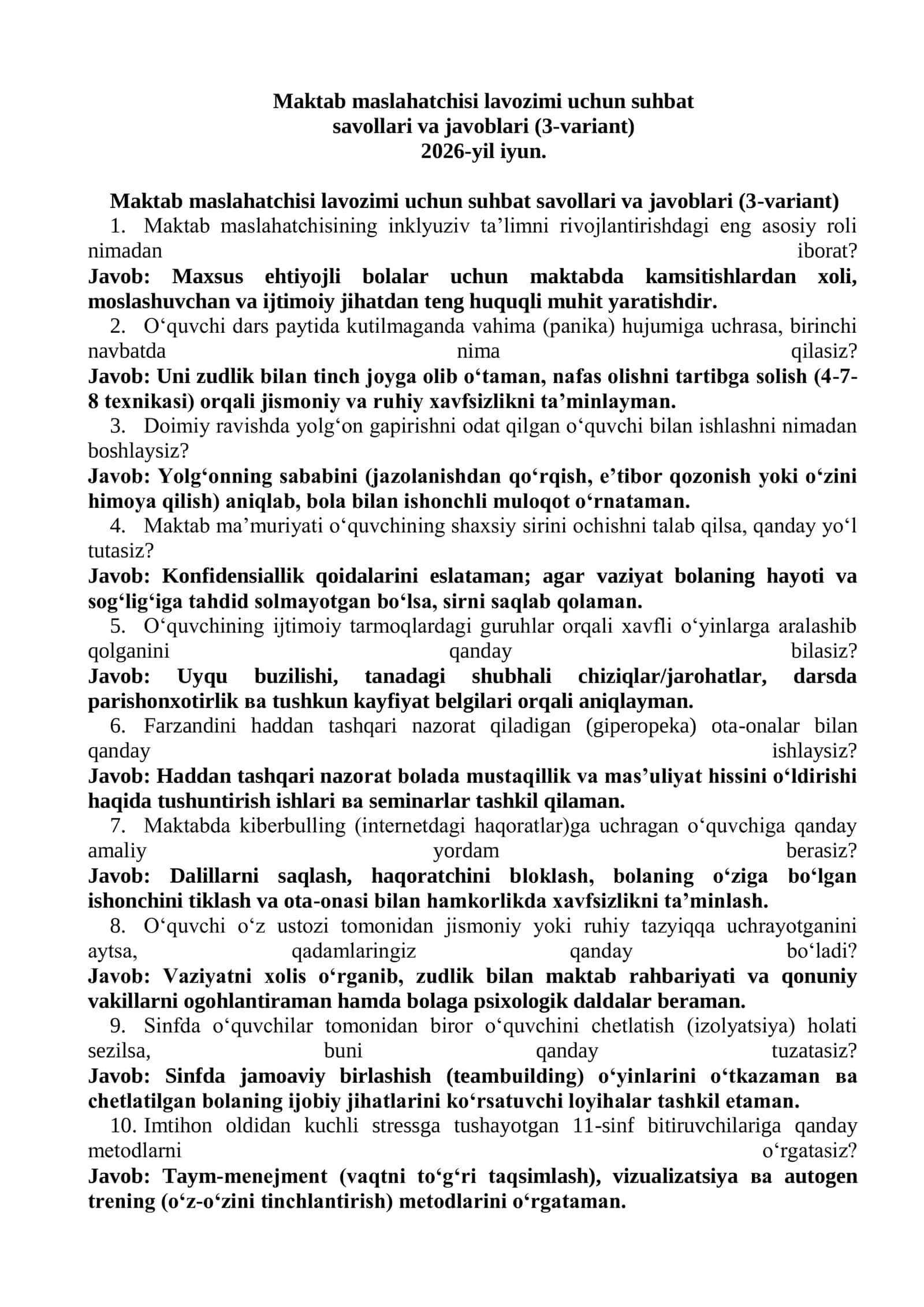Maktab maslahatchisi lavozimi uchun suhbat savollari va javoblari 1