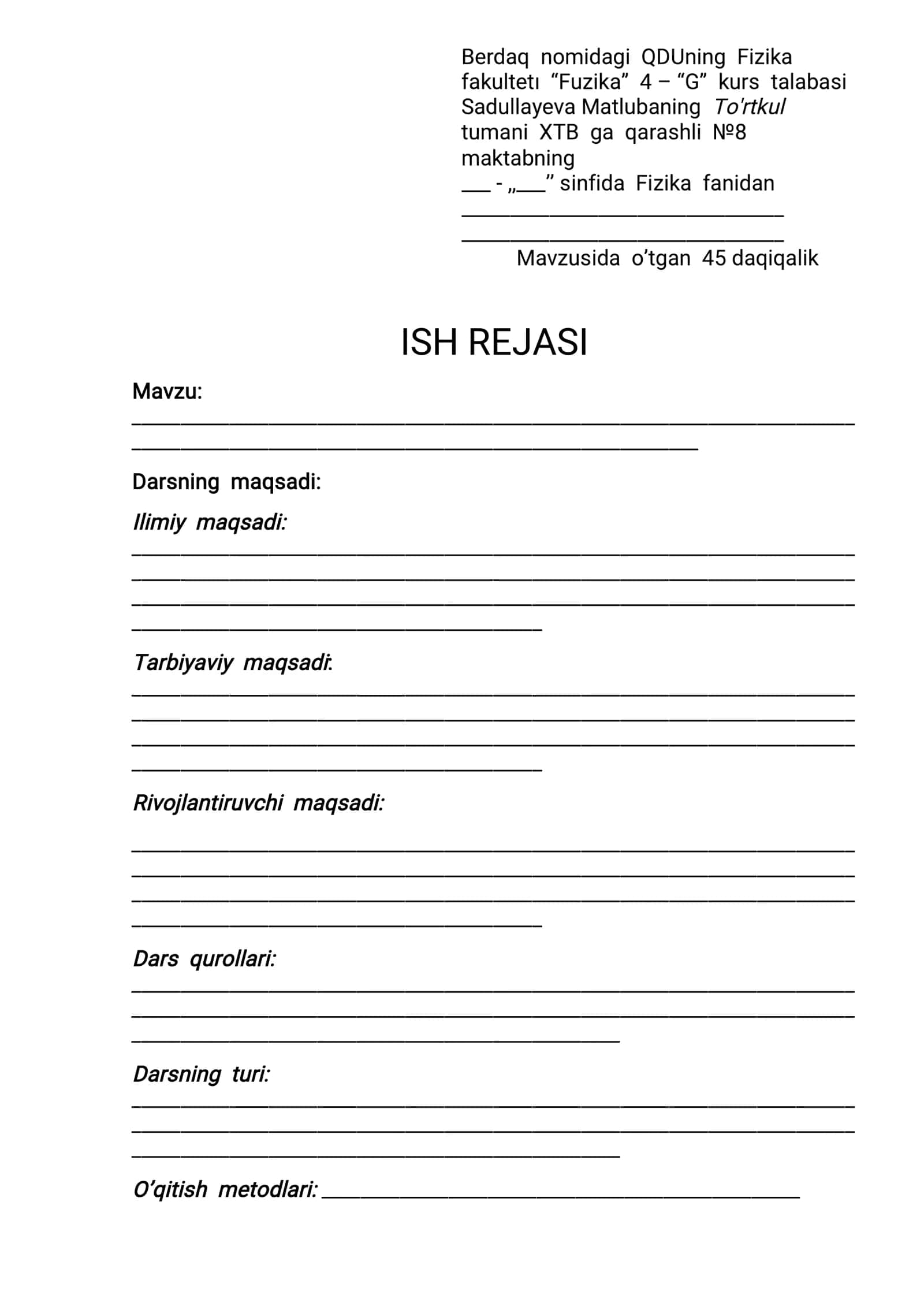 Fizika fanidan ISH REJASI 1