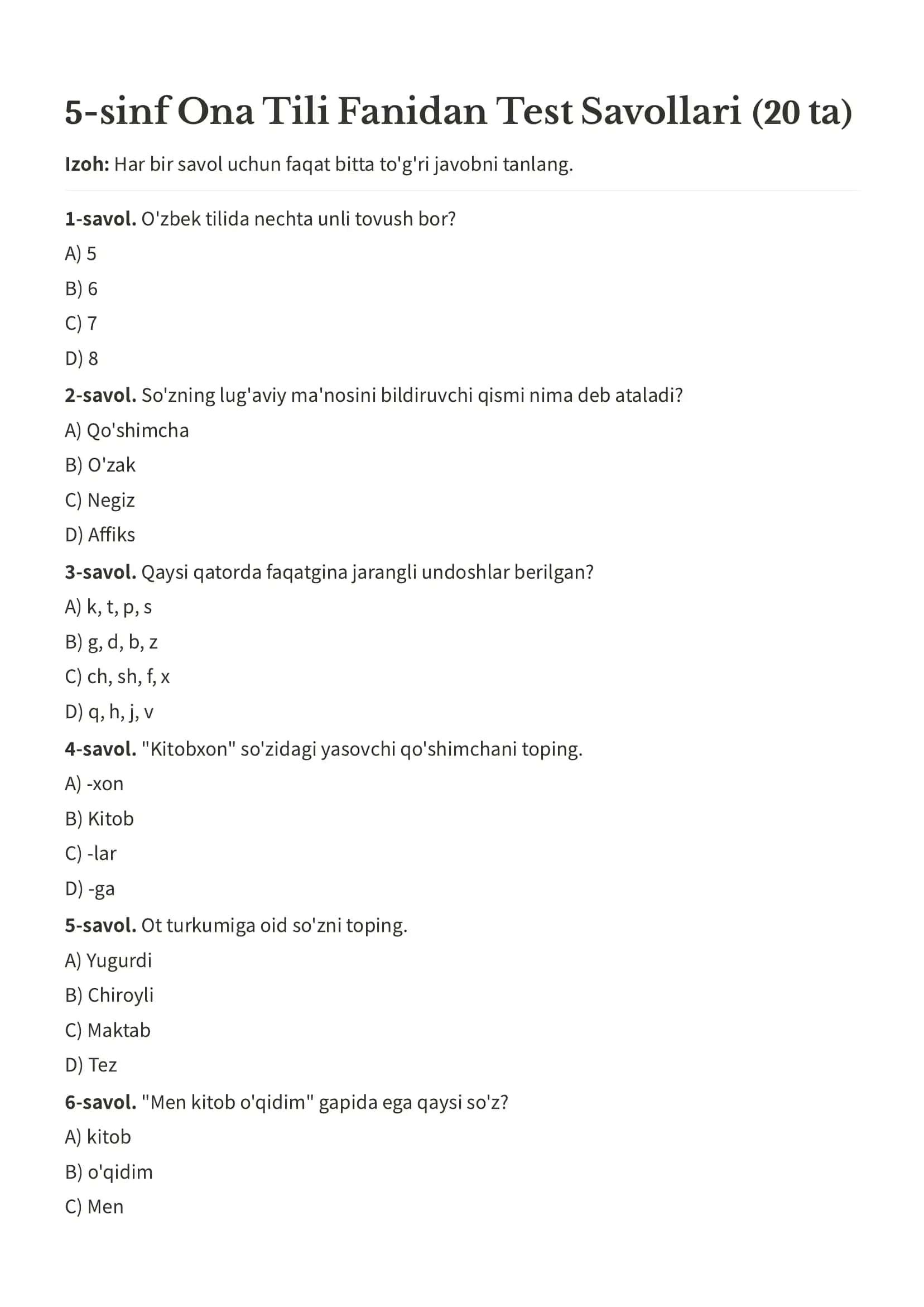 Ona tili test 5-sinf uchun 1