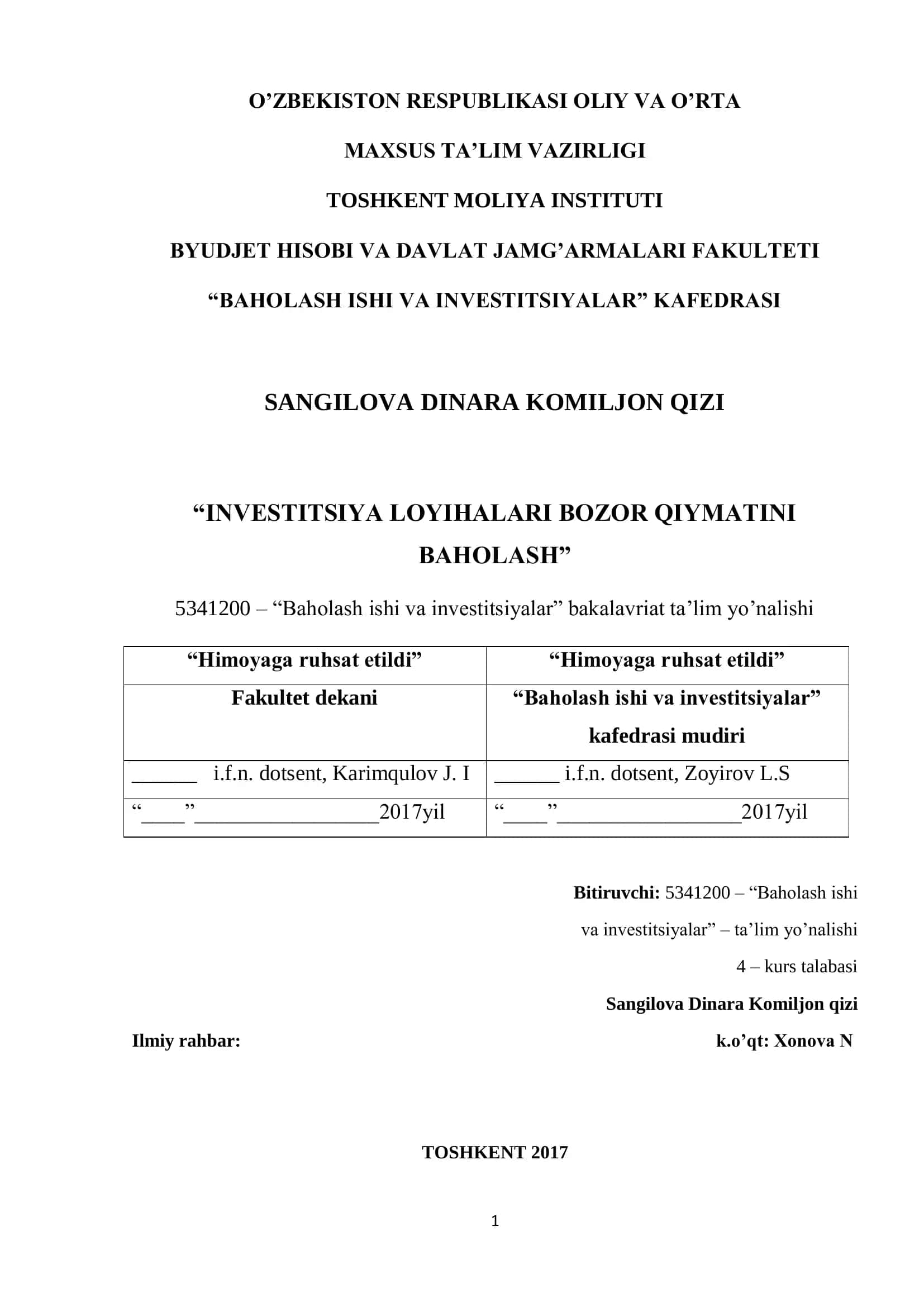 Baholash ishi va investitsiyalar 1