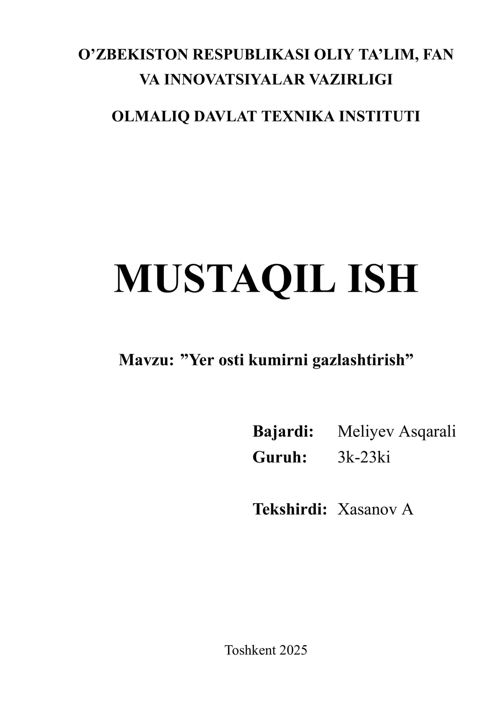 Yer osti kumirni gazlashtirish 1